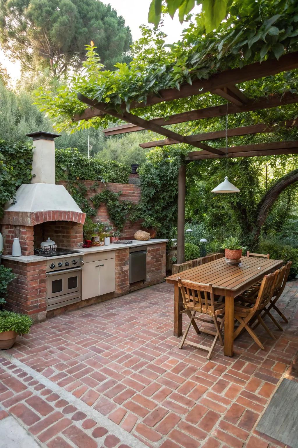 Heated tiles on a brick patio offer comfort in any season.