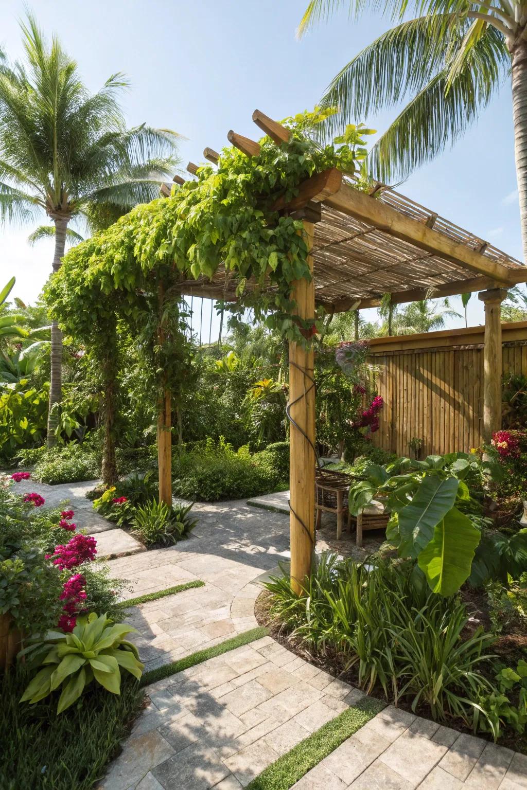 A bamboo pergola surrounded by greenery brings tropical vibes to the backyard.