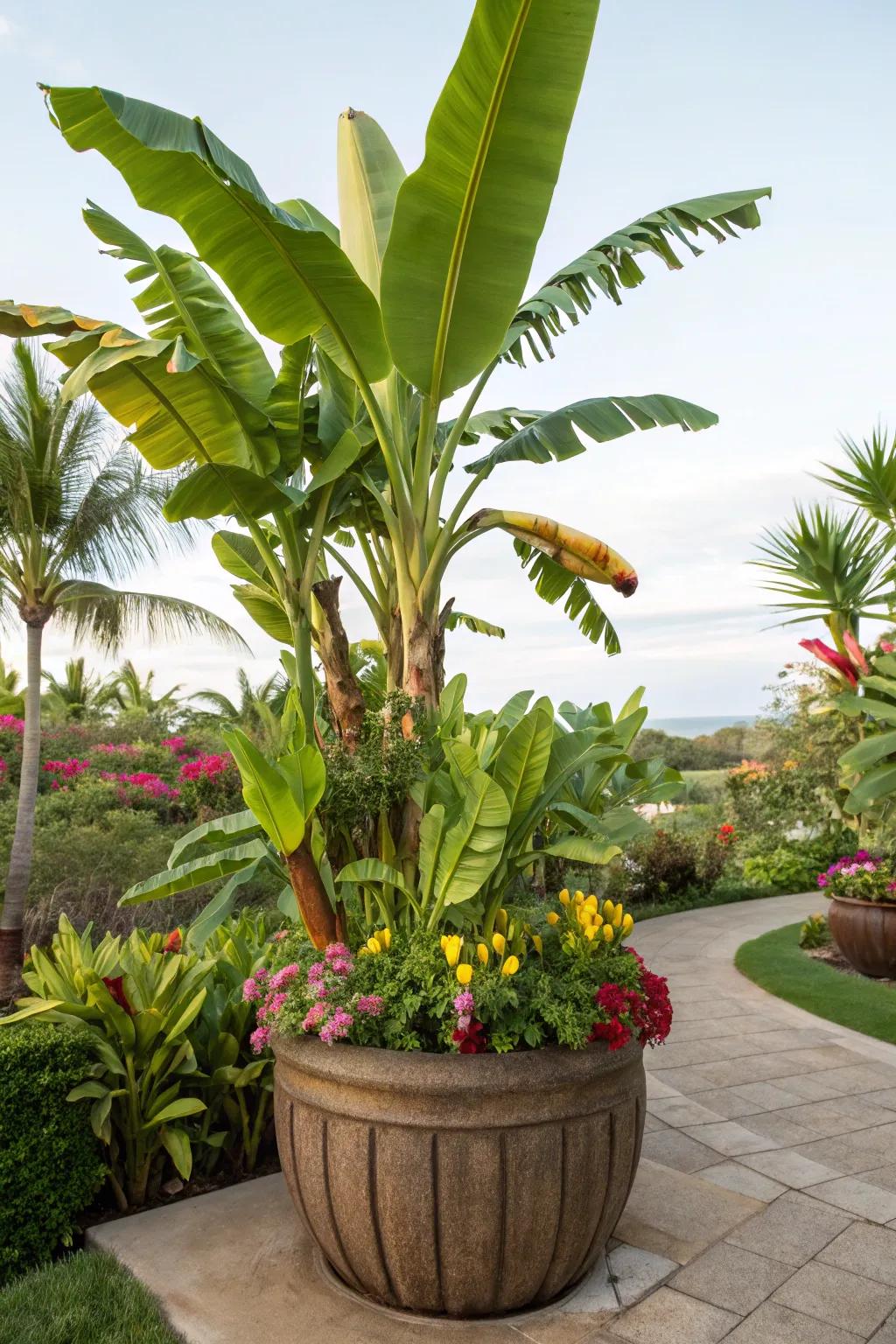 Tropical banana plant in a large container, creating an exotic garden vibe.