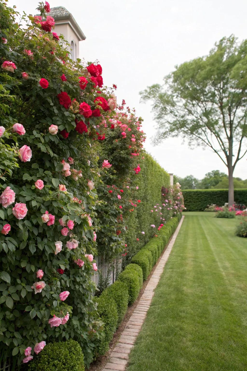Tall rose hedges serve as natural fences, offering privacy and charm.