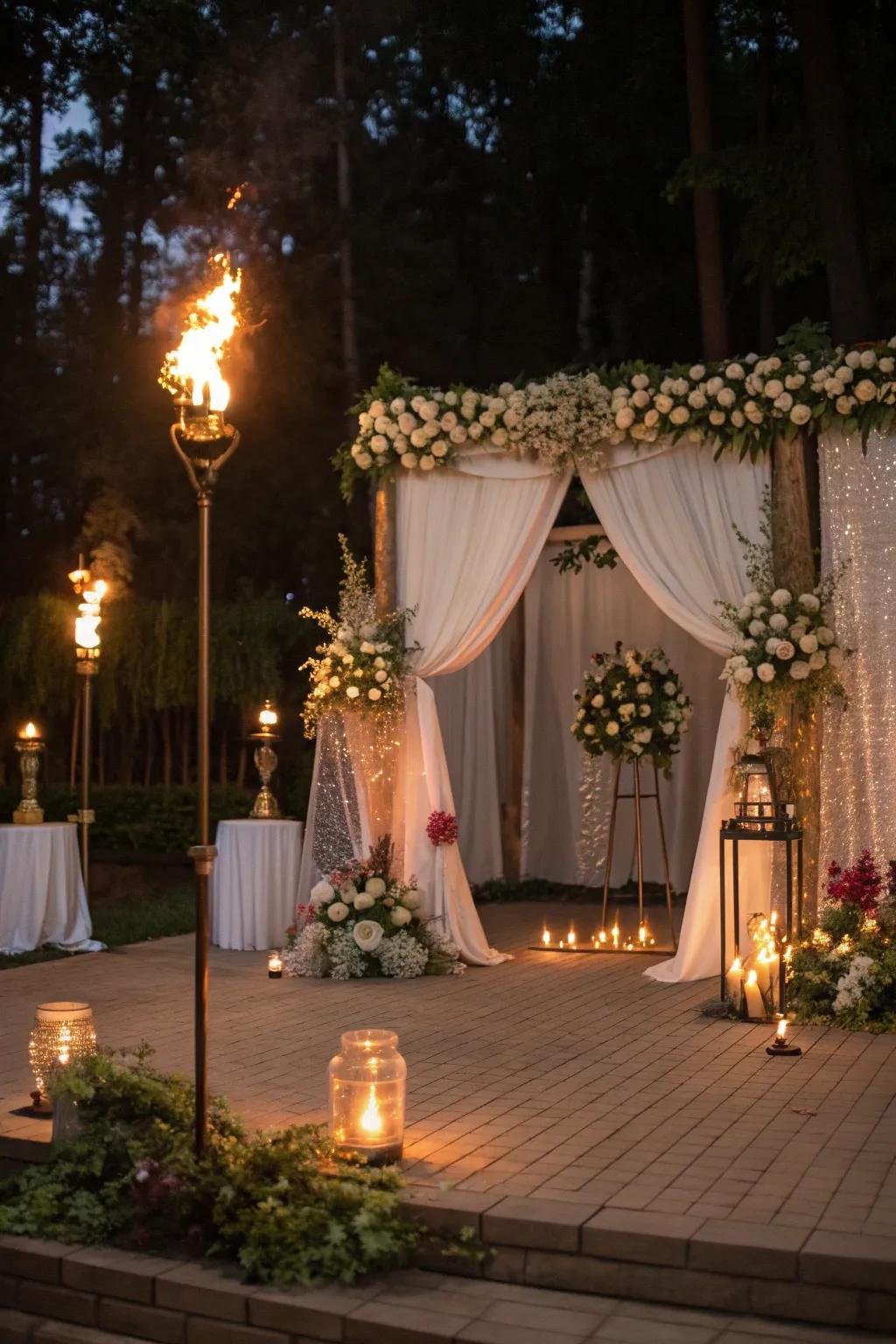 Fire elements add warmth and a dramatic glow to wedding settings.
