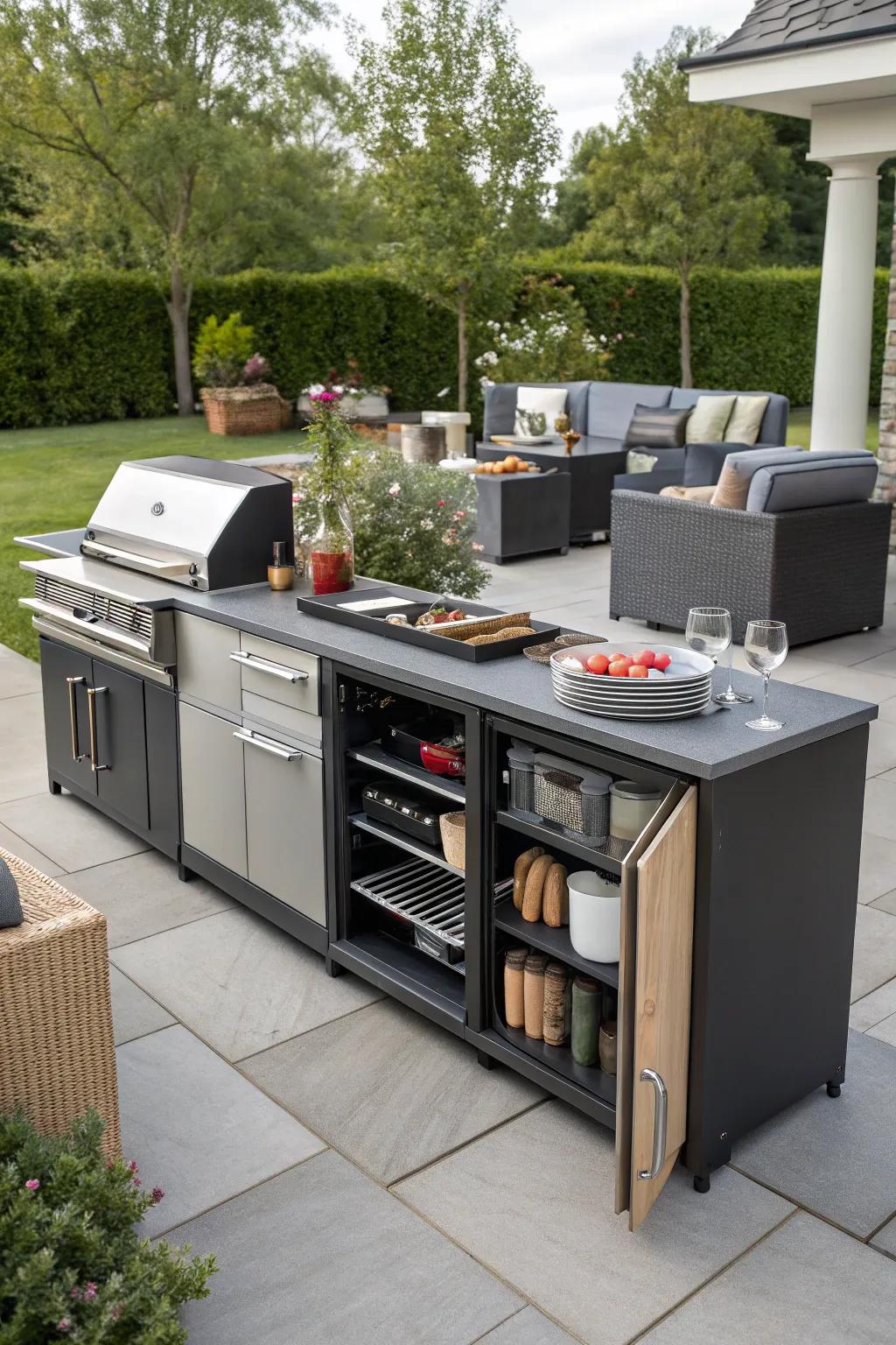 Smart storage solutions in BBQ cabinets, keeping utensils and tools neatly organized and easily accessible.