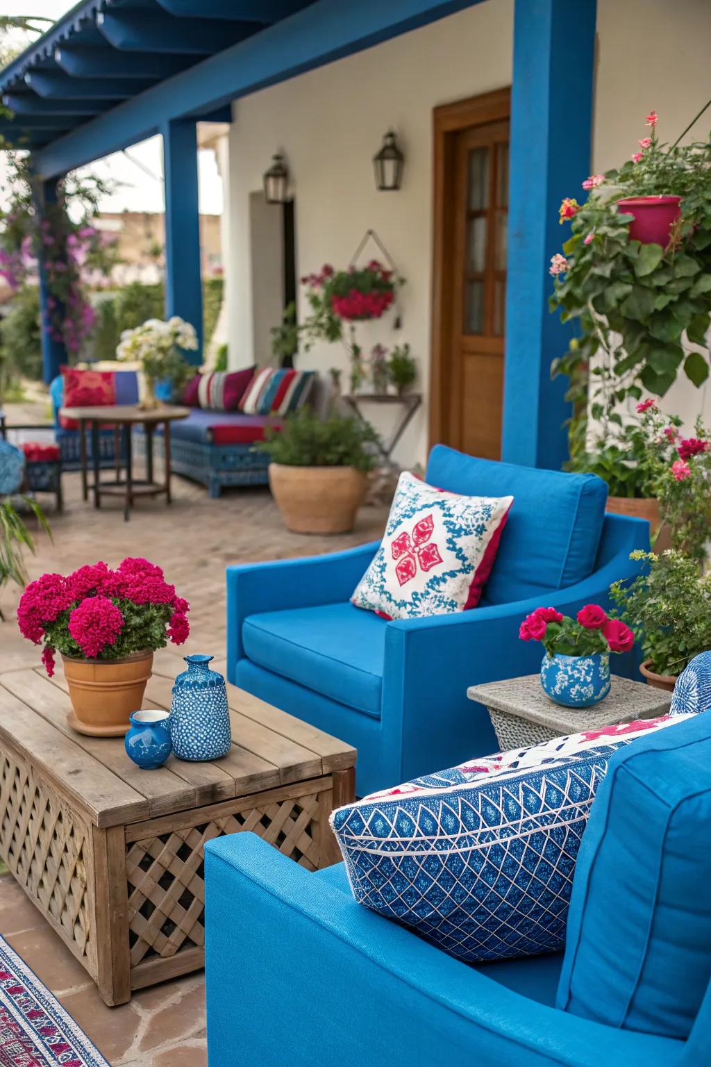 Mixing blue with bold colors adds vibrancy.