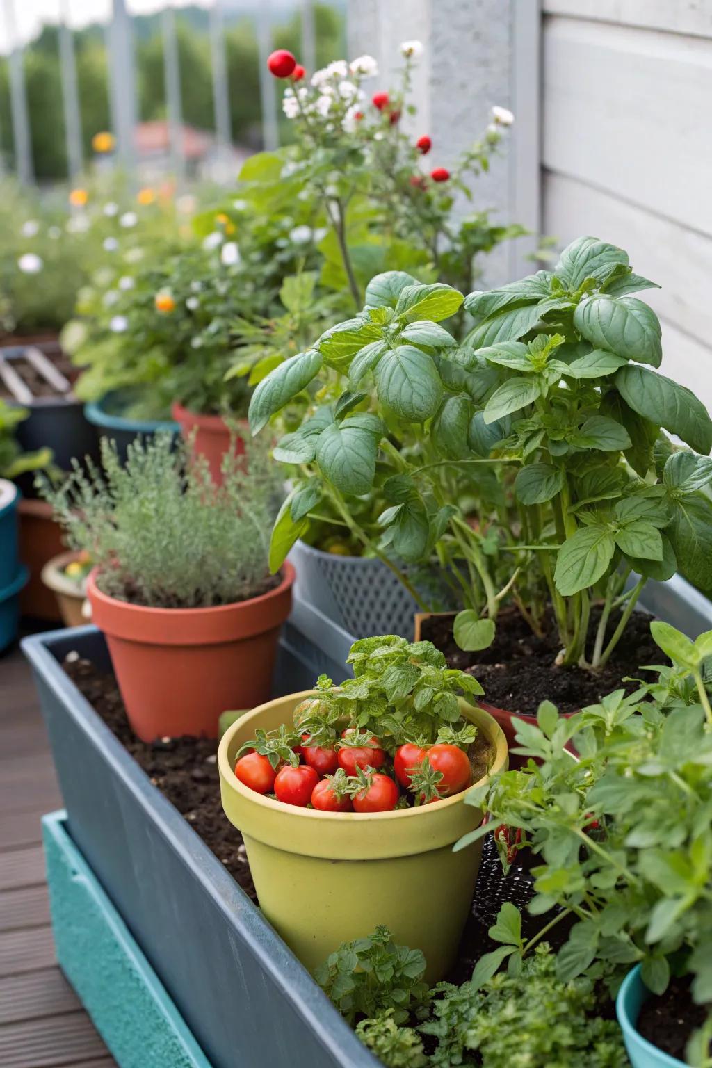 A bountiful container garden with a mix of edible plants.