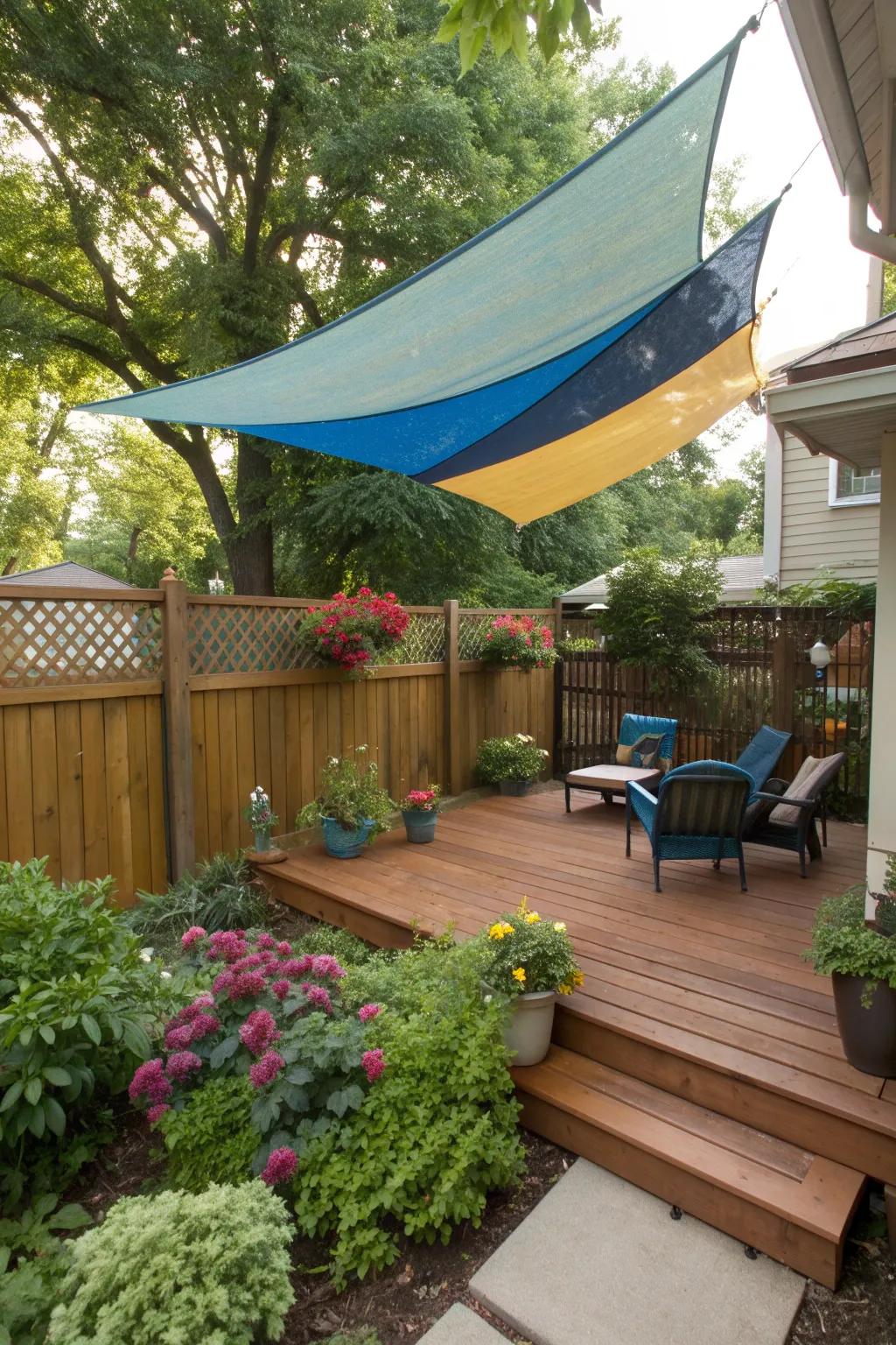 A shade sail provides sun protection while maintaining an open feel.