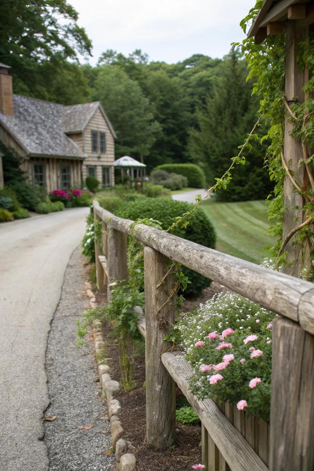 Embrace rustic charm with wooden railings that complement your garden.