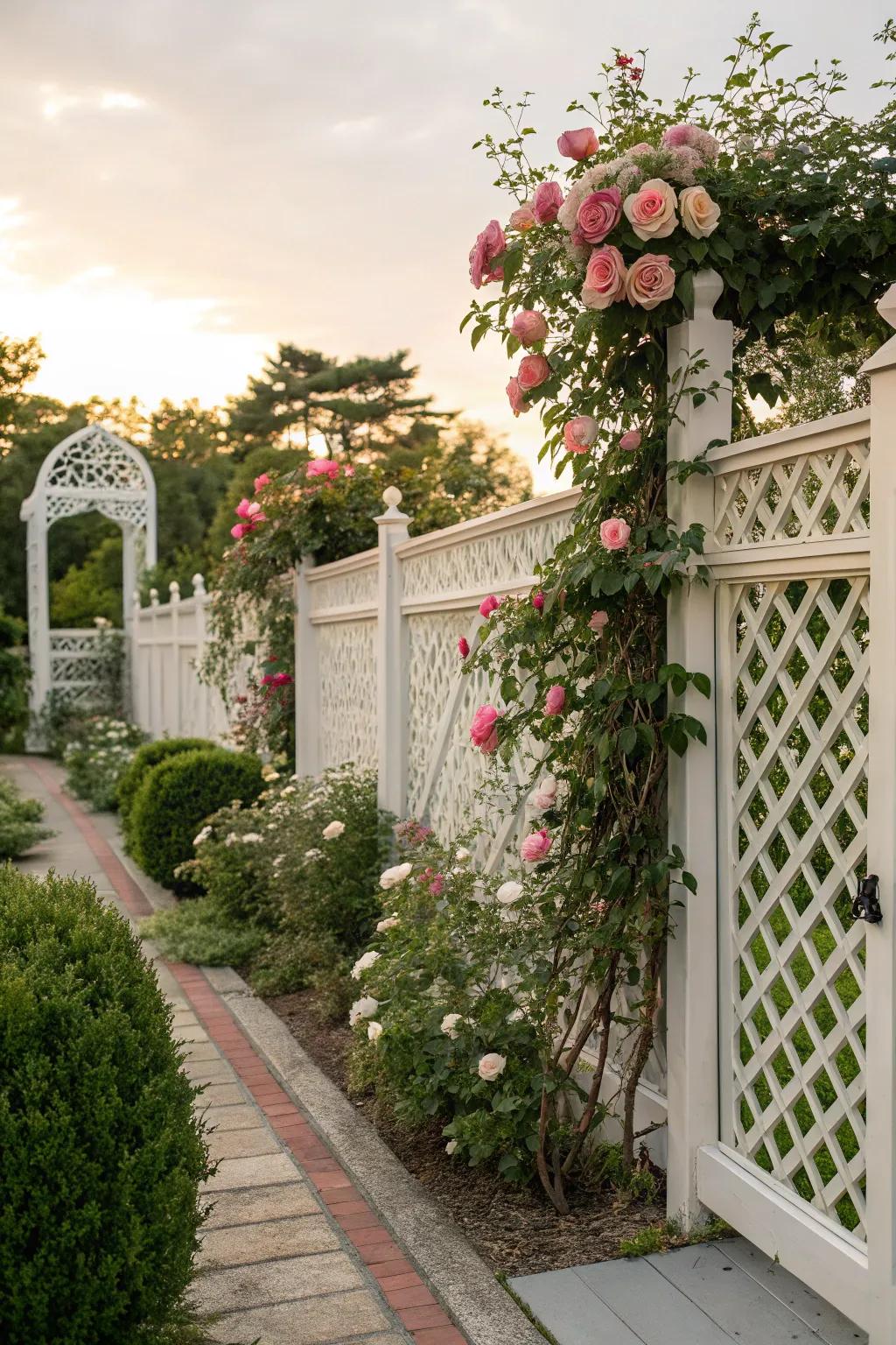 A lattice fence creates a beautiful setting for climbing plants.