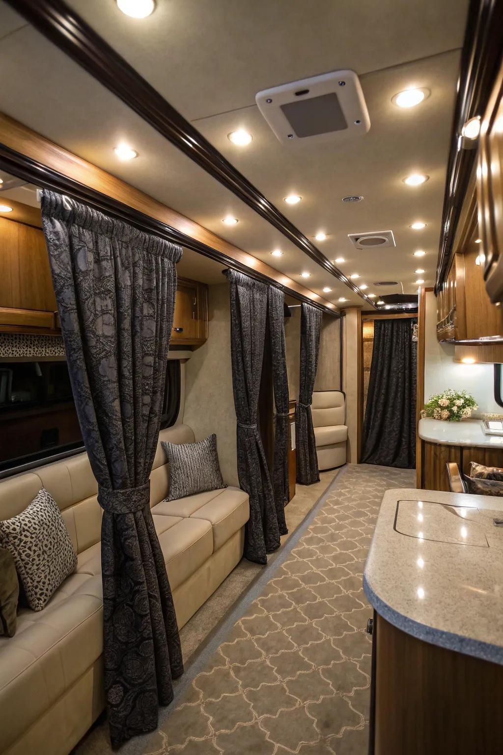 Elegant blackout curtains inside an RV for a peaceful sleep