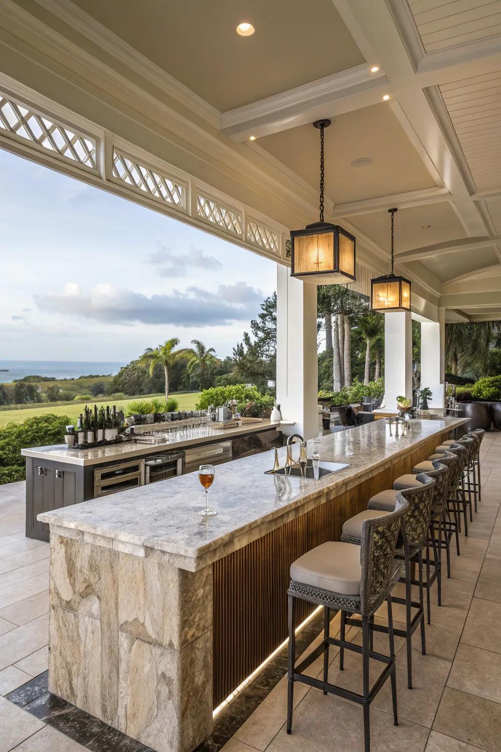 An elegant lanai bar with luxurious details.