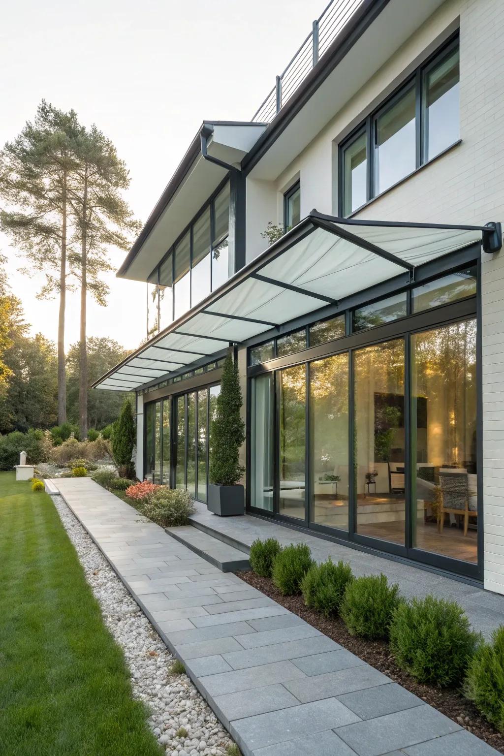 Glass and steel awnings offer elegance and light.