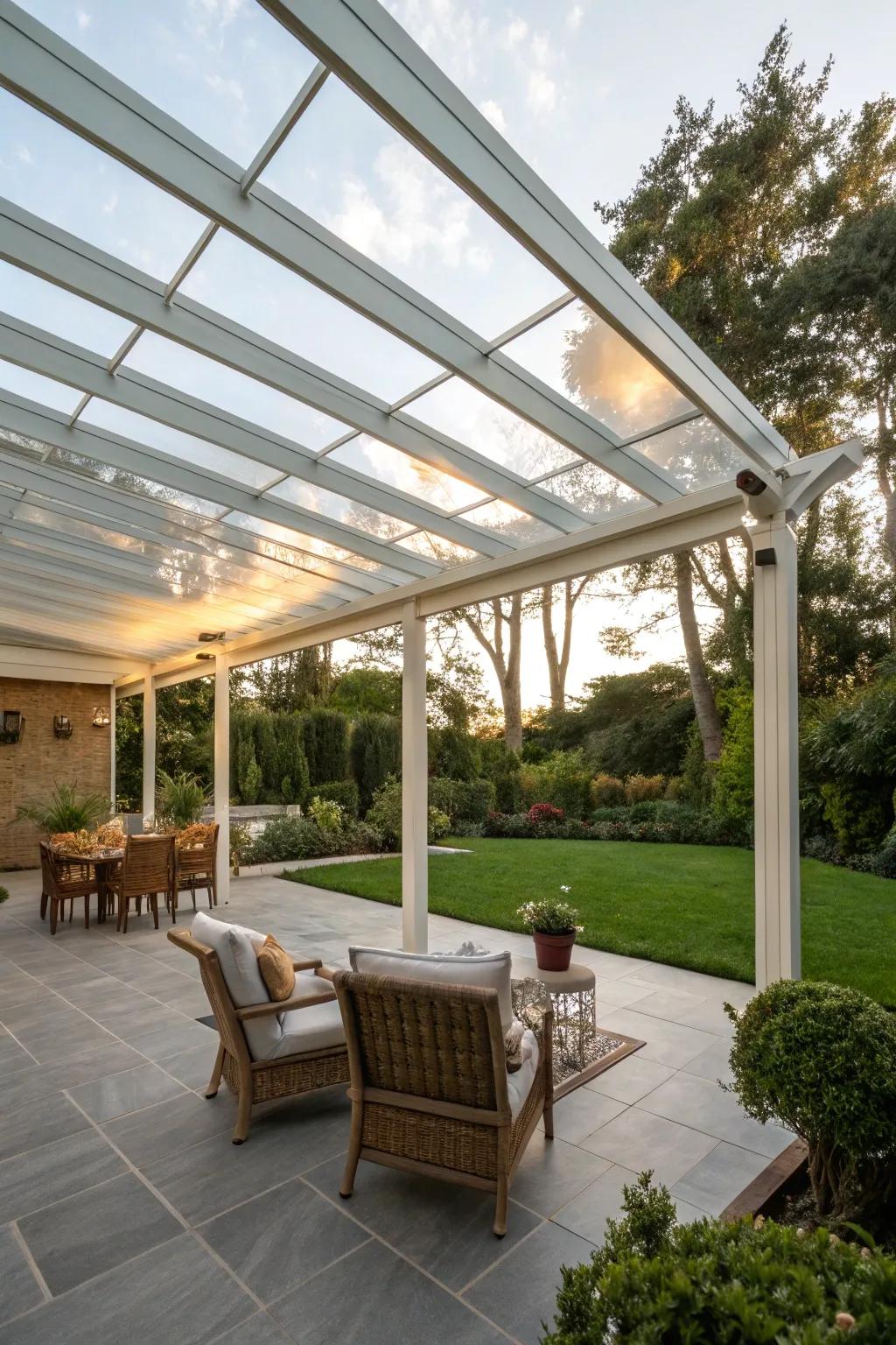 A clear pergola roof provides light and protection in equal measure.