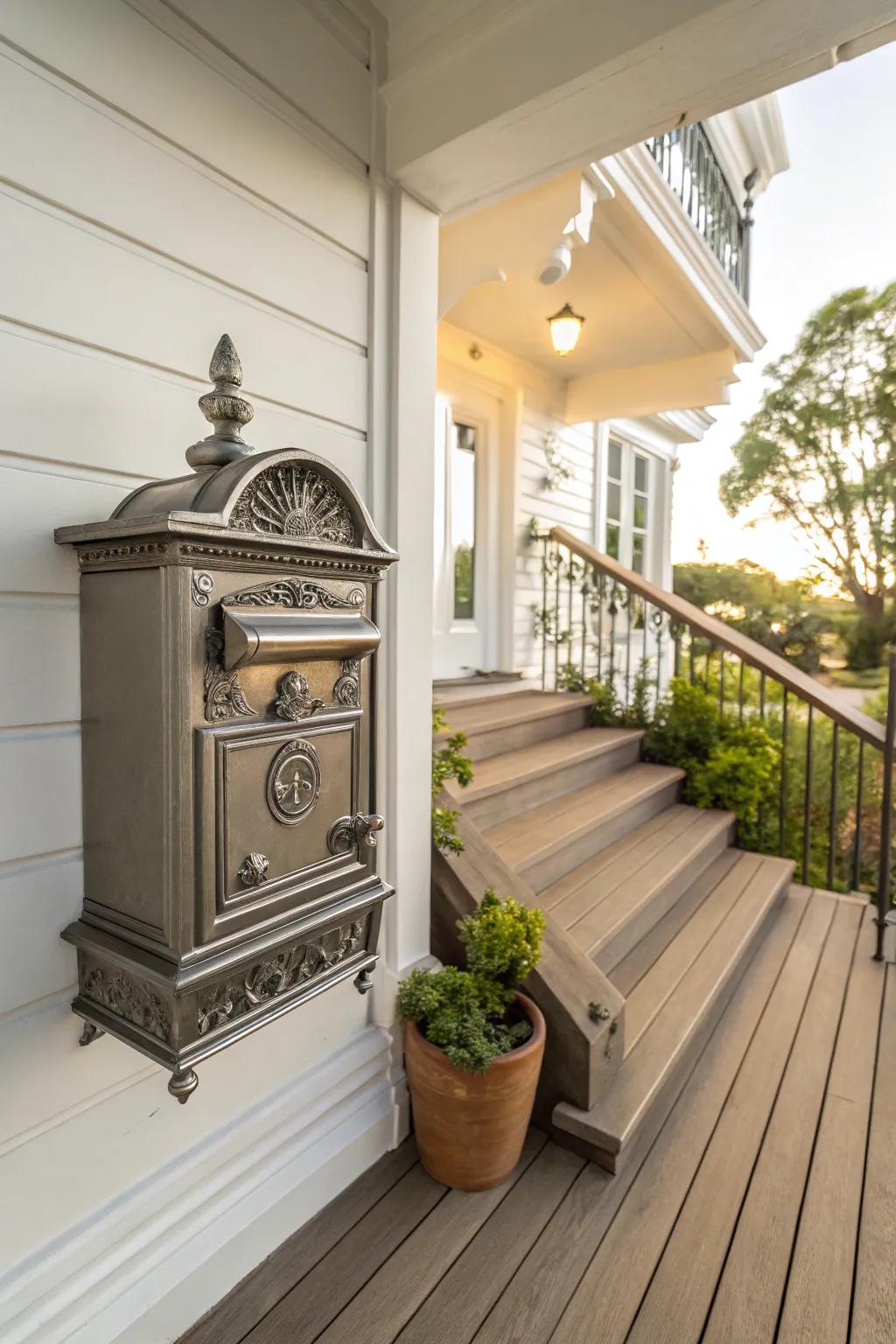 A wall-mounted mailbox that adds sophistication to the porch.