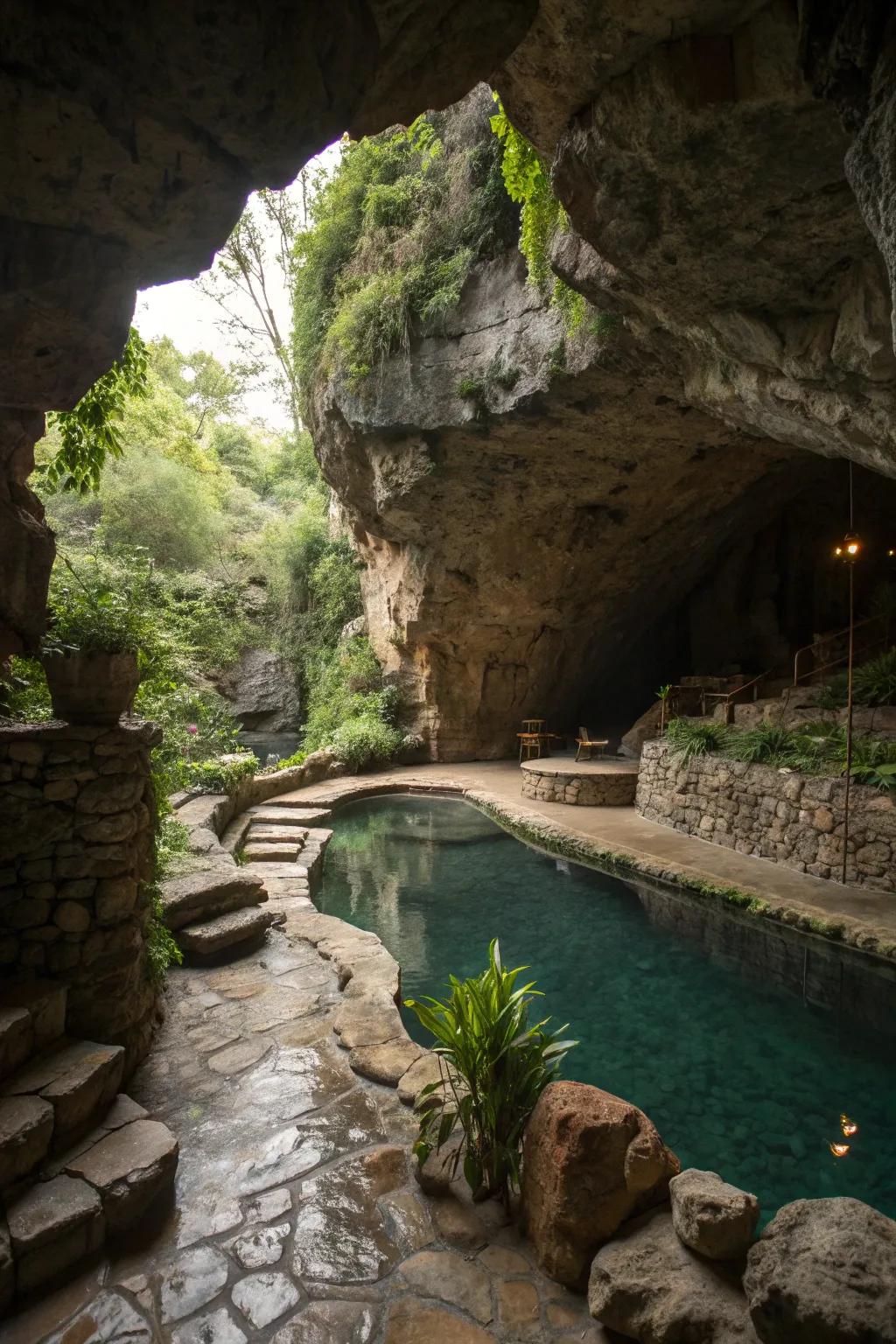 A cave grotto adds an element of mystery and fun to the pool.