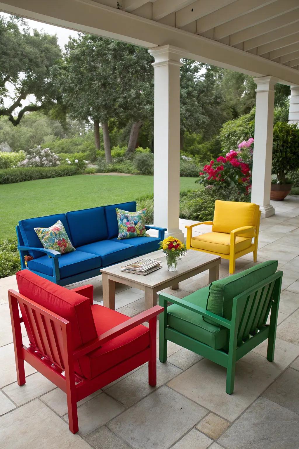 Patio with color-blocked furniture in contrasting hues.