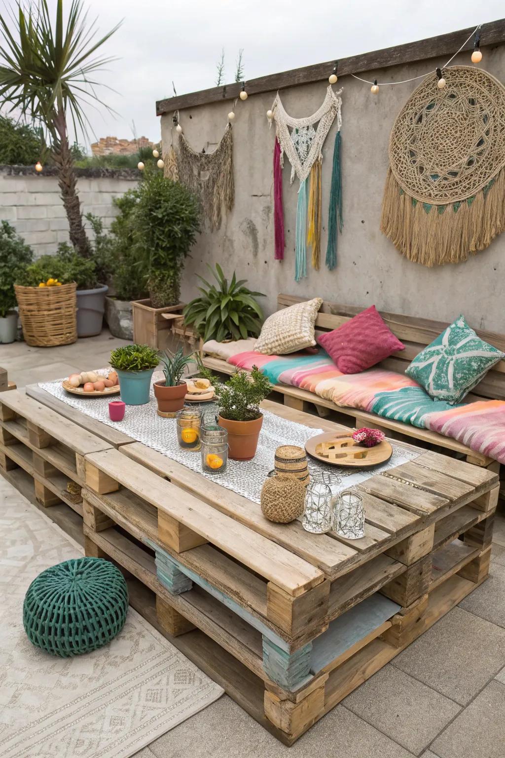 A charming low table made from pallets, perfect for a boho picnic.