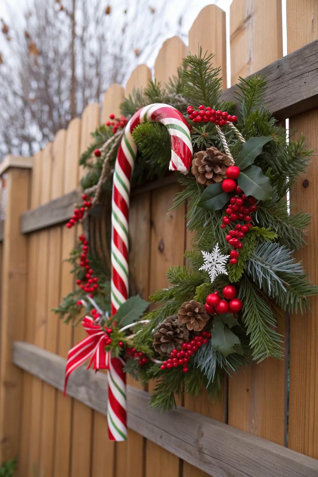 Nature meets sweetness in this floral candy cane wreath.