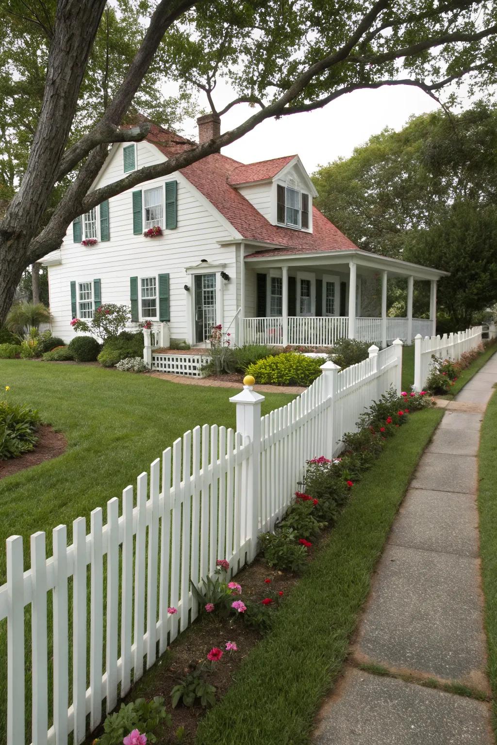 A quintessential white picket fence that embodies Cape Cod charm.