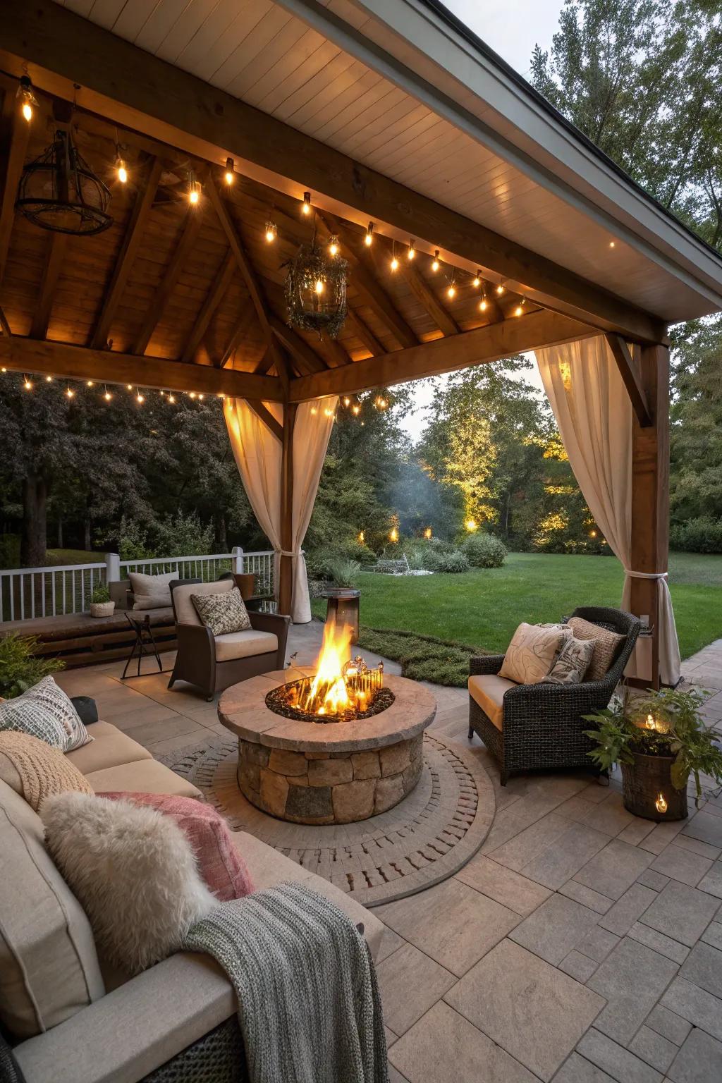 A fire pit adds warmth and ambiance to your covered patio.