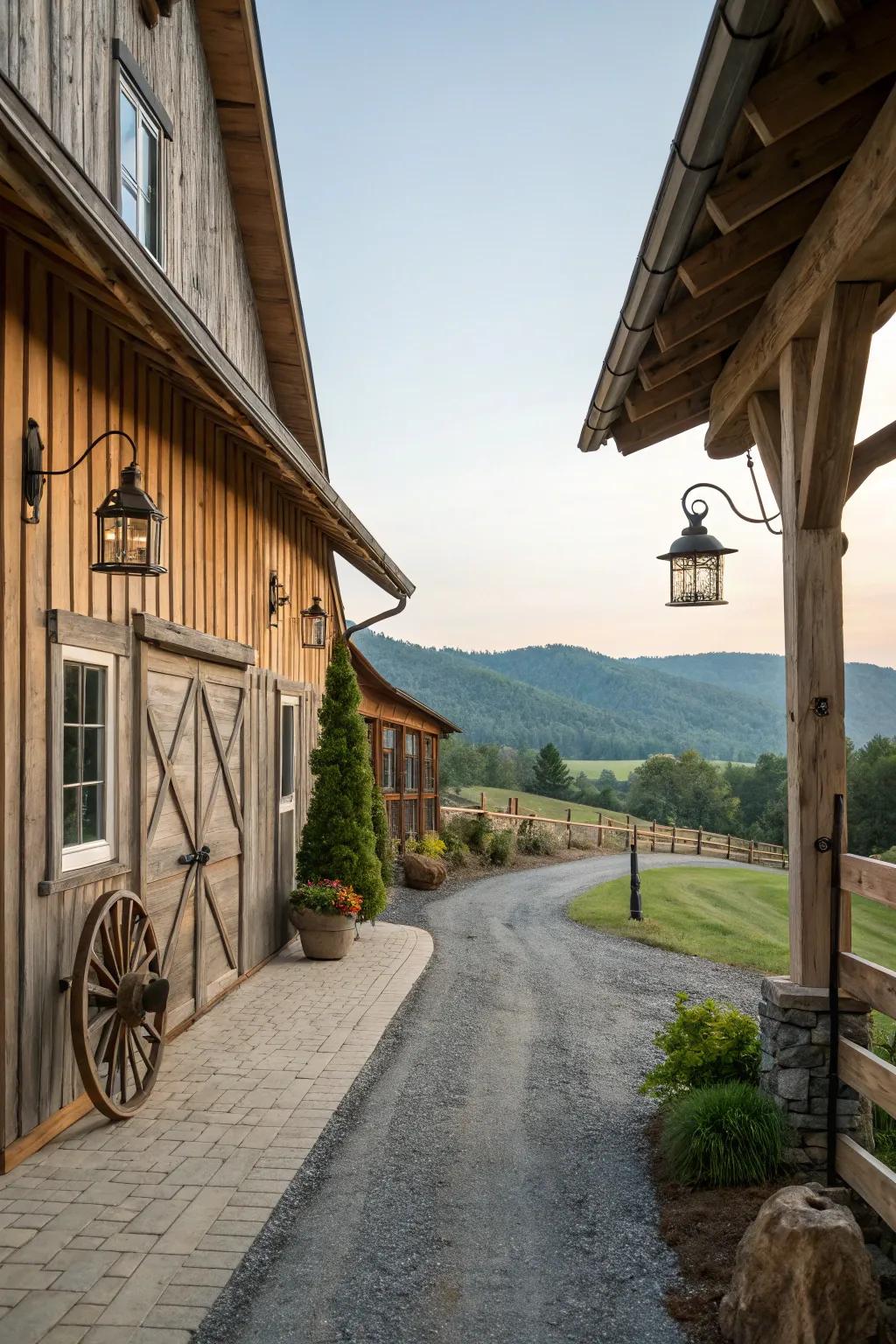 A driveway that harmonizes with barn-style farmhouse architecture.