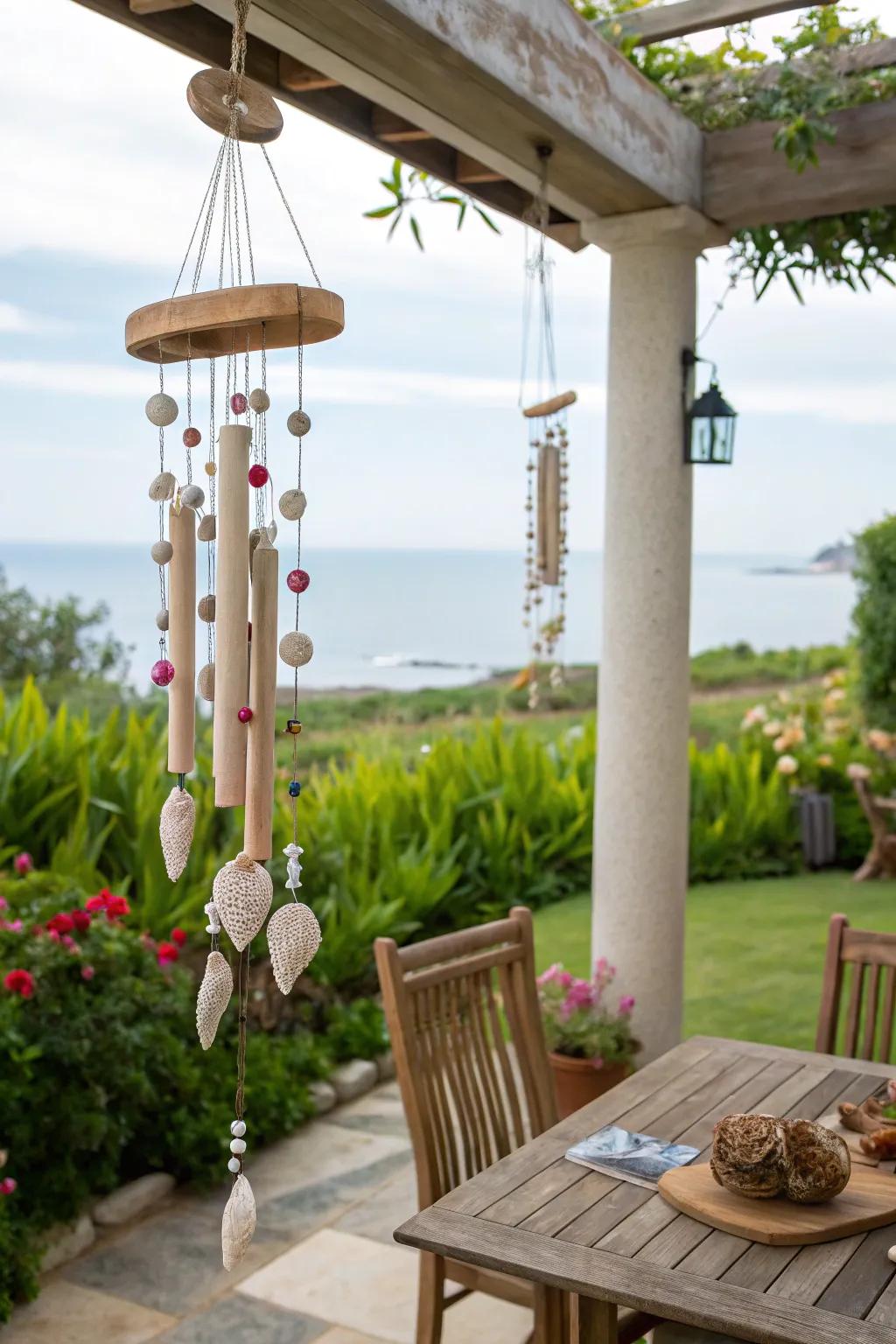 Coastal wind chimes bring a soothing sound to your nautical patio.