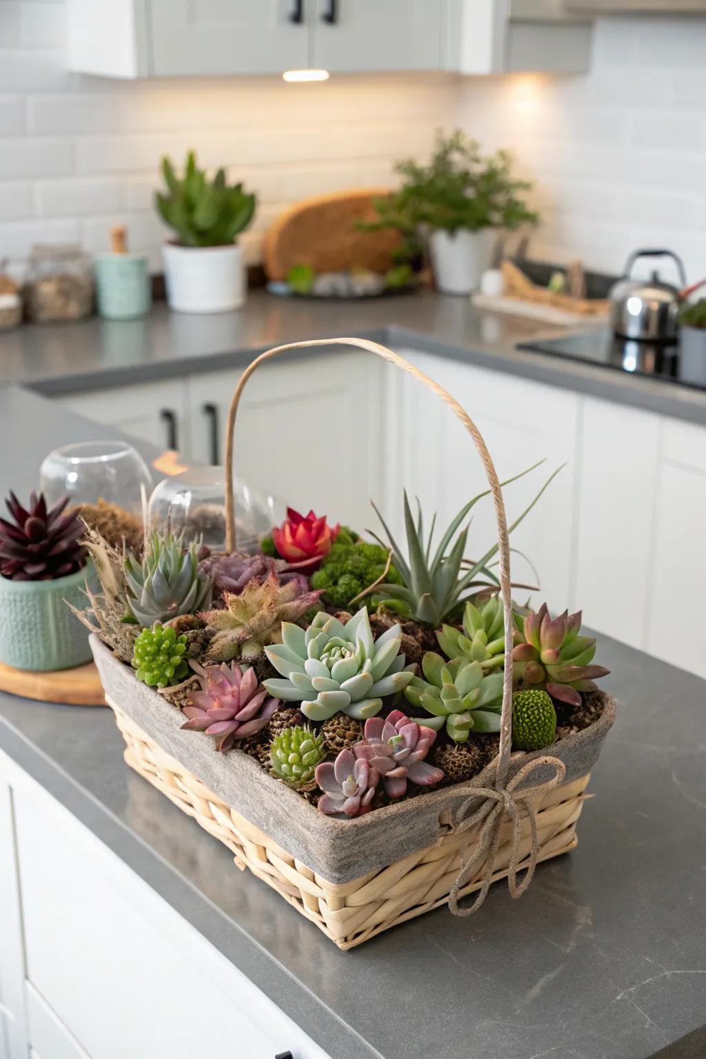 A delightful array of succulents arranged in a stylish gift basket.