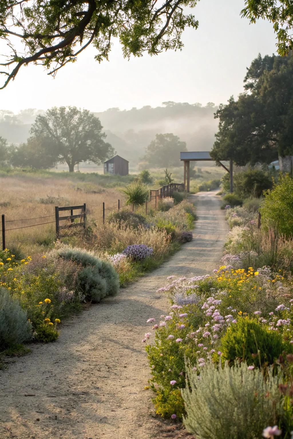 A natural pathway lined with native plants leads invitingly to the ranch entrance.
