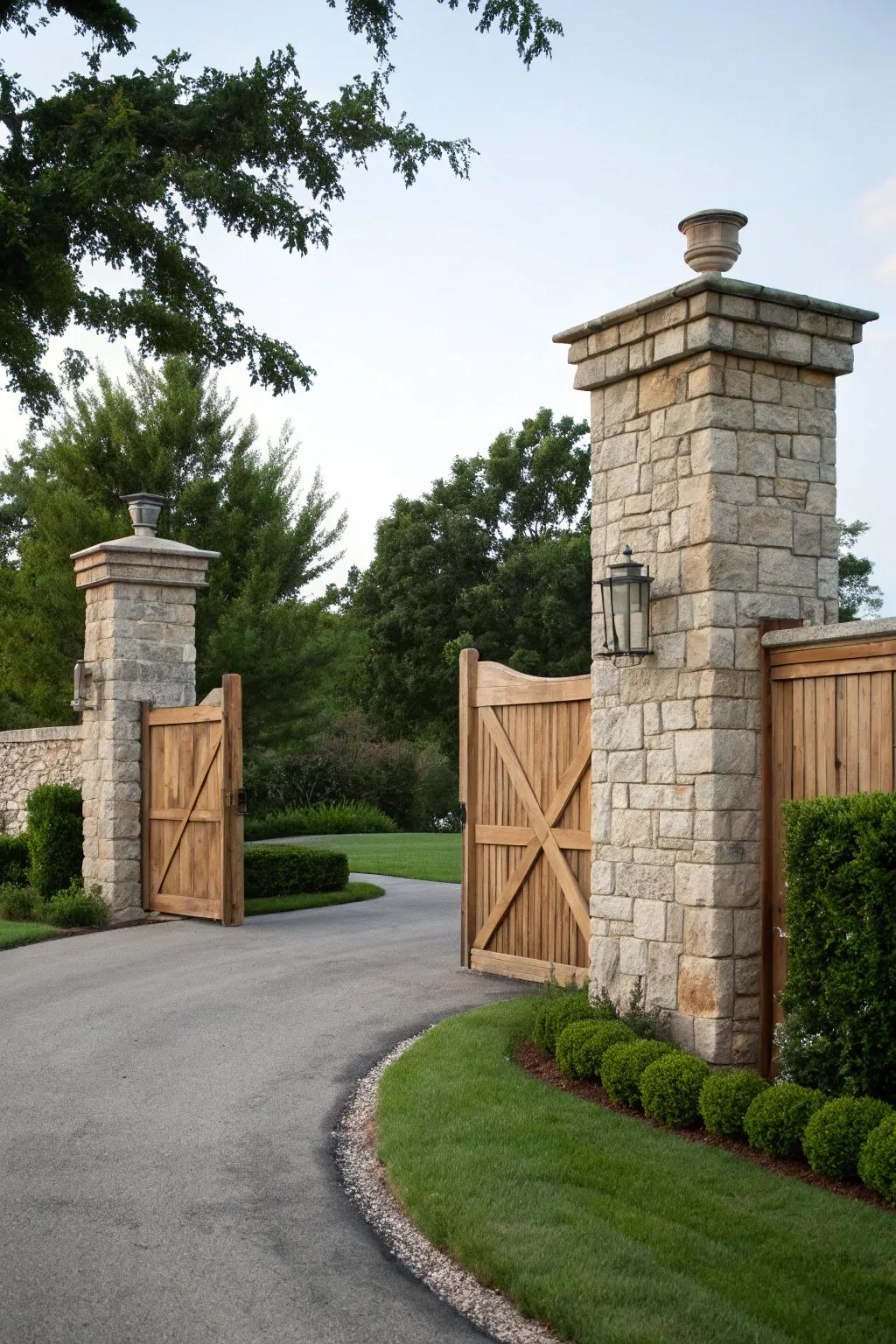 Stately stone pillars framing a driveway entrance with a wooden gate.
