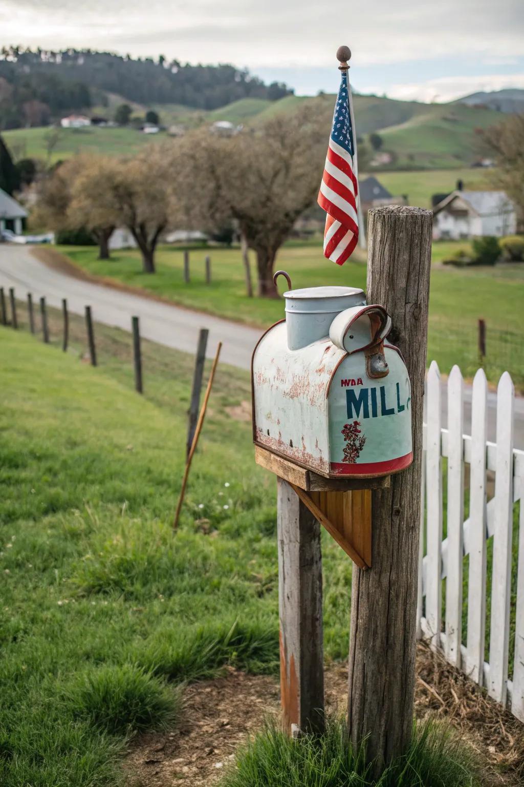 A vintage milk can mailbox that brings a farmhouse feel to your home.