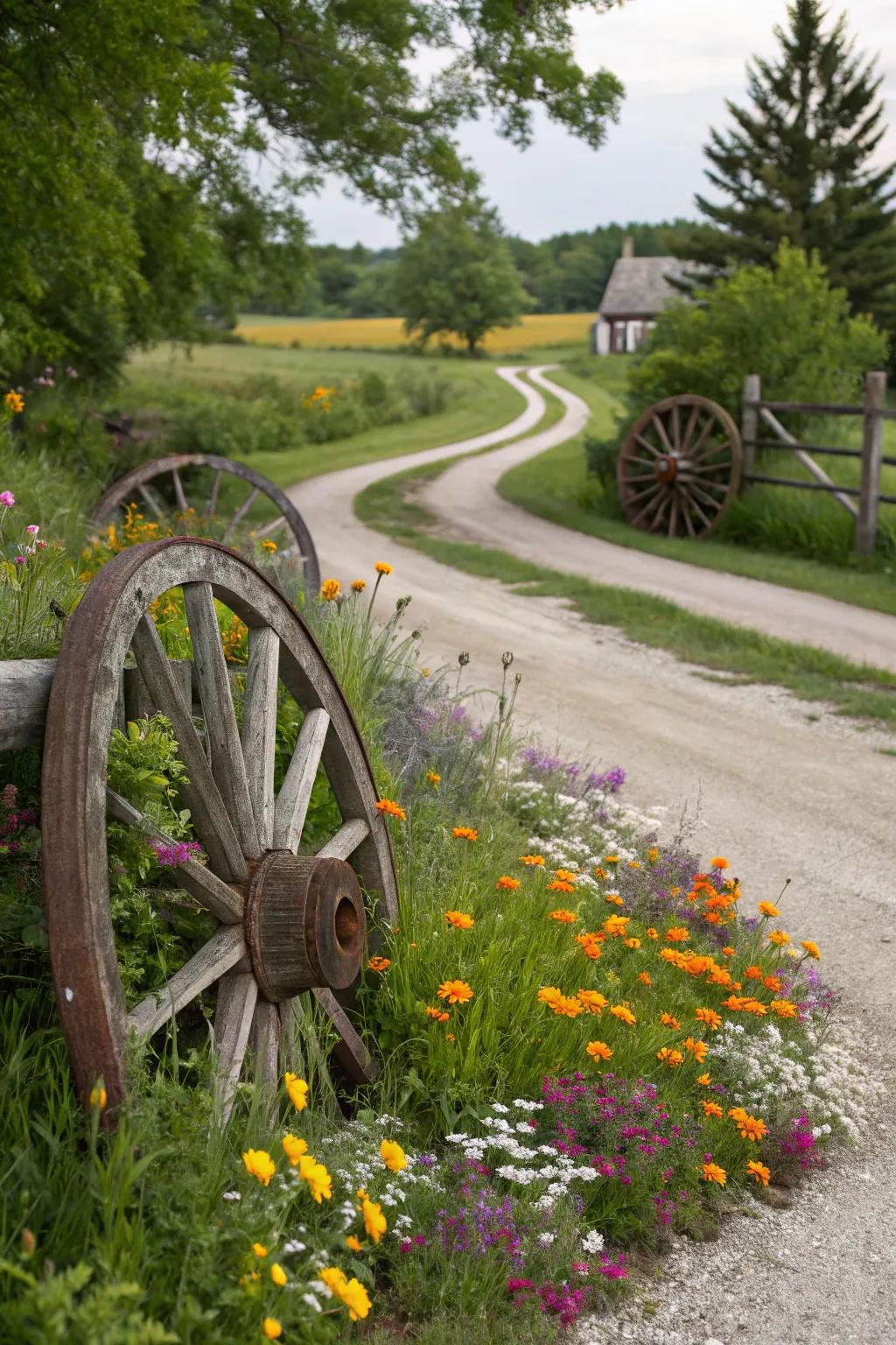 Wildflowers frame this wagon wheel entrance, adding a touch of prairie charm.