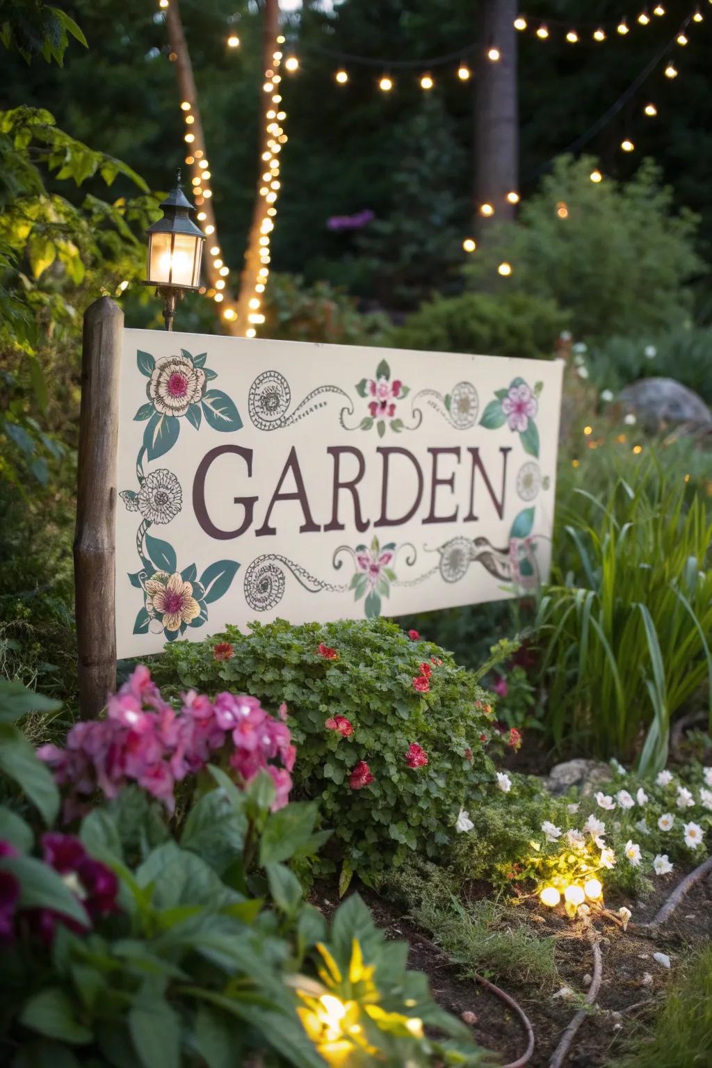 A garden sign featuring creative typography, adding a touch of whimsy and personality.