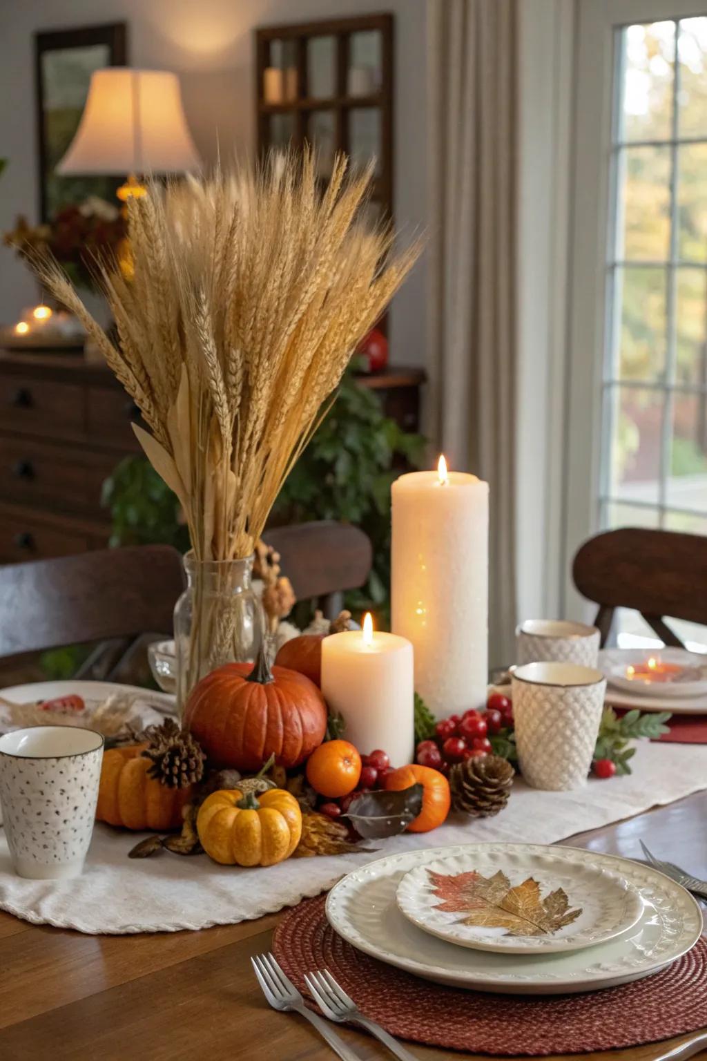 Elevate your dining experience with a wheat centerpiece that captures the essence of fall.