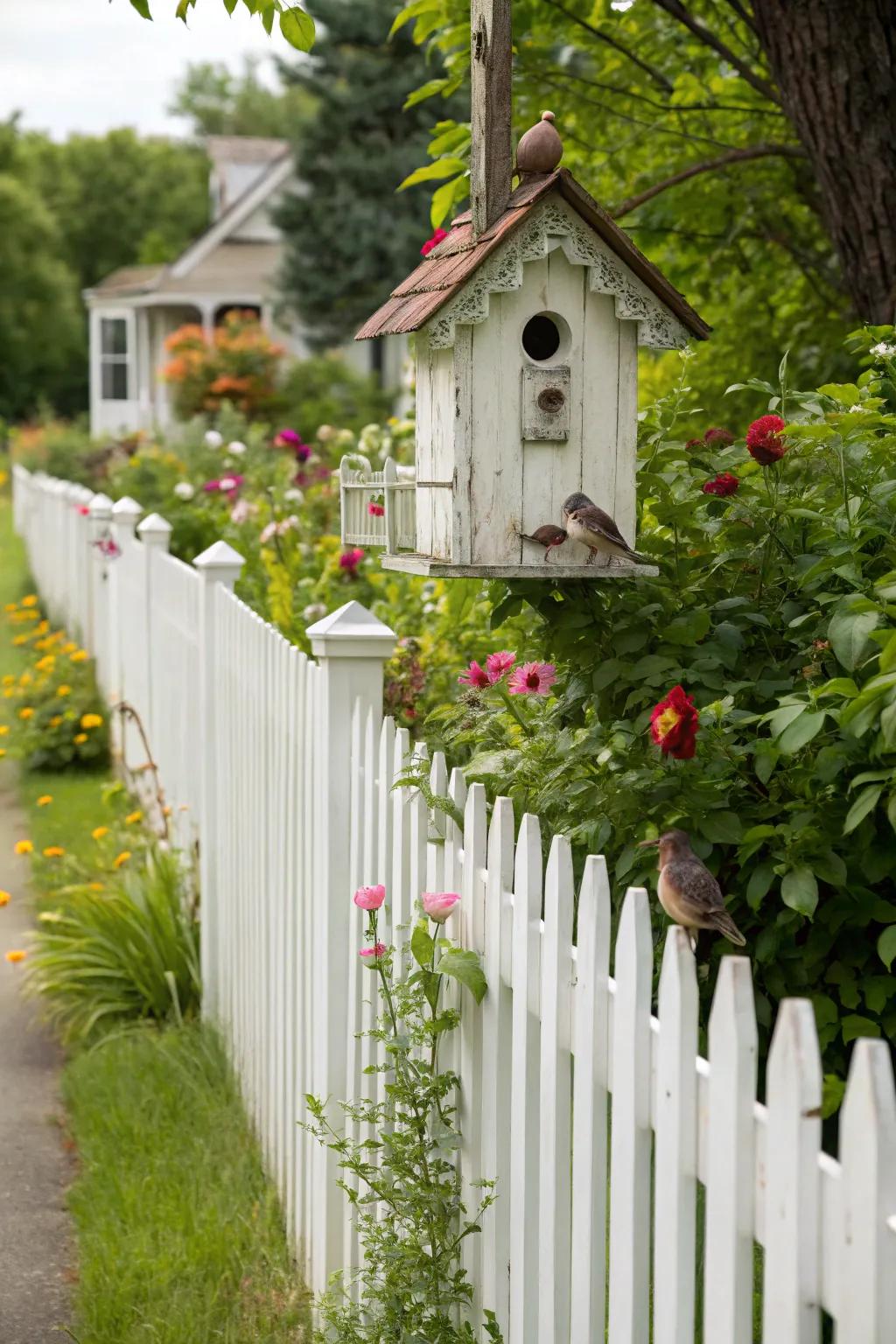 A vintage birdhouse on a white picket fence brings charm.