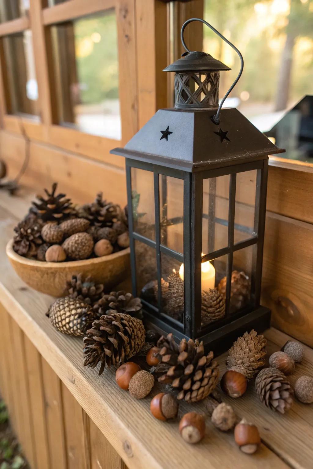 Natural elements create an earthy lantern display.