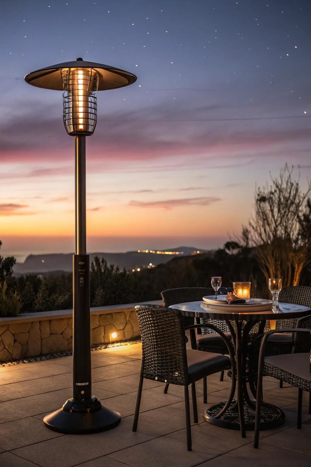 Freestanding patio heaters offer warmth and flexibility.