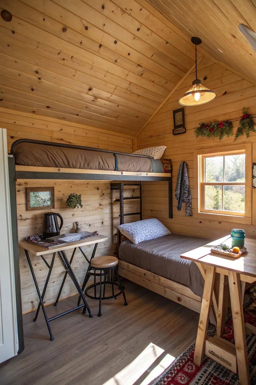 Functional use of space with multi-functional furniture in a shed cabin.