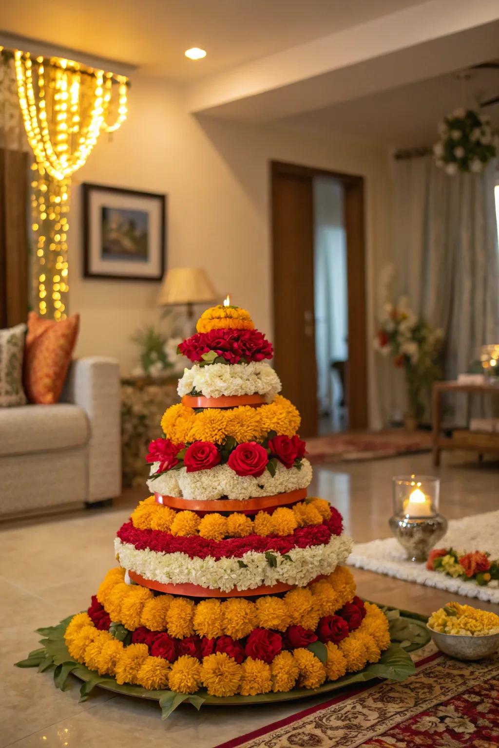 Classic floral layers combining marigolds, roses, and jasmine for a timeless Bathukamma.