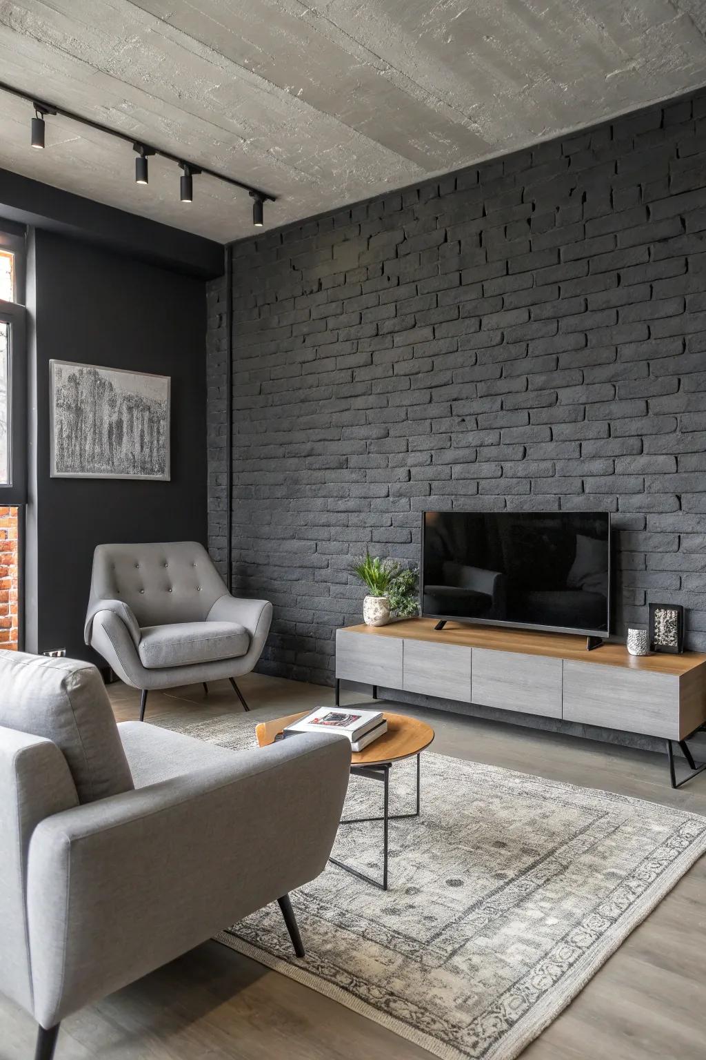 An industrial living room with a charcoal brick wall