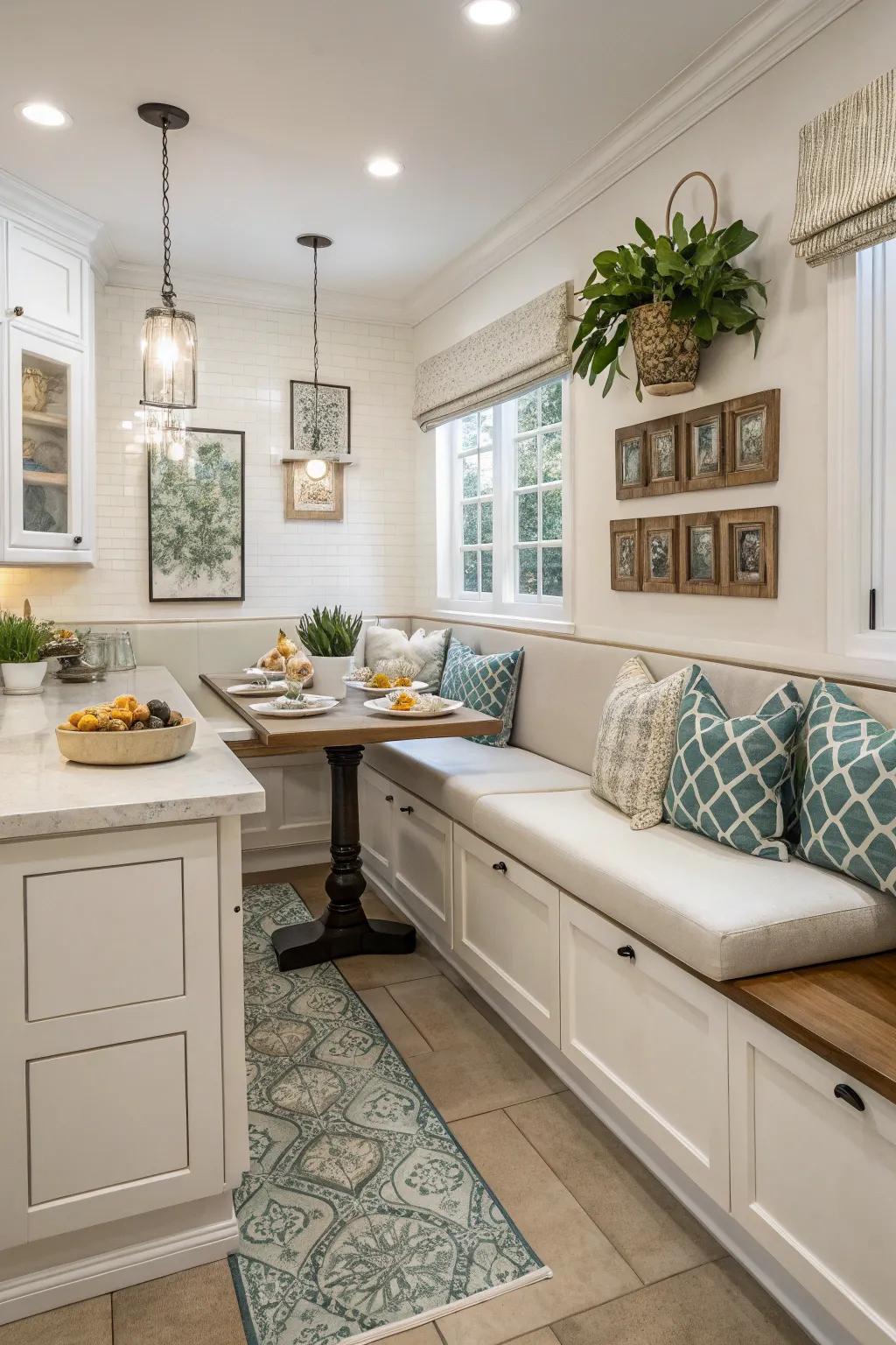 Symmetrical banquette layout for a harmonious kitchen setting.