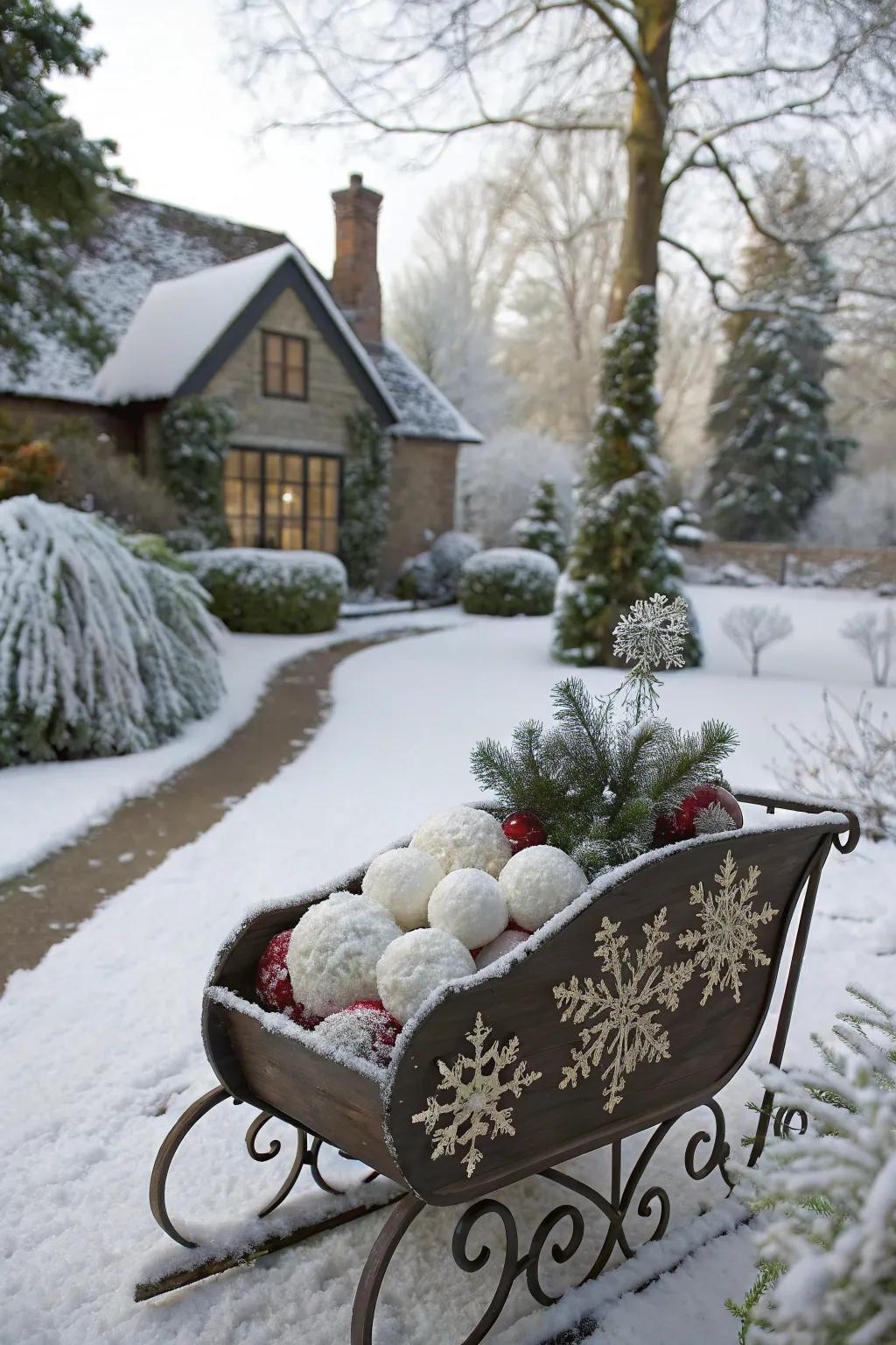 Whimsical snowflakes and snowballs on a sleigh.