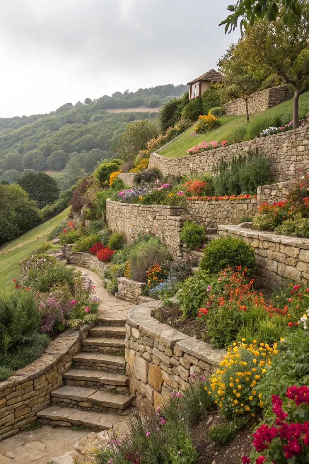 Terraced garden levels create space and interest on a sloped terrain.