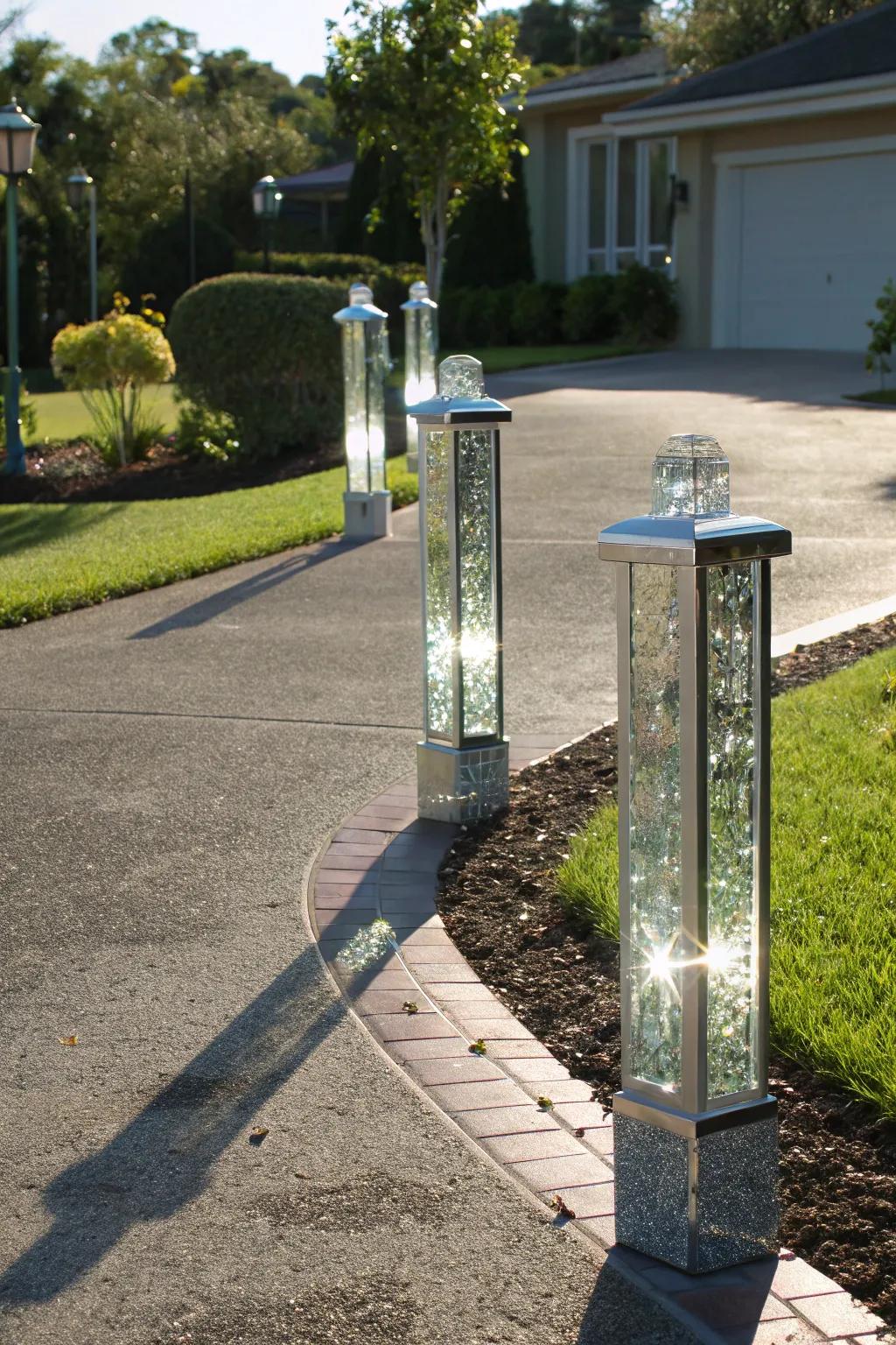 Reflective glass posts add a dazzling, modern touch.