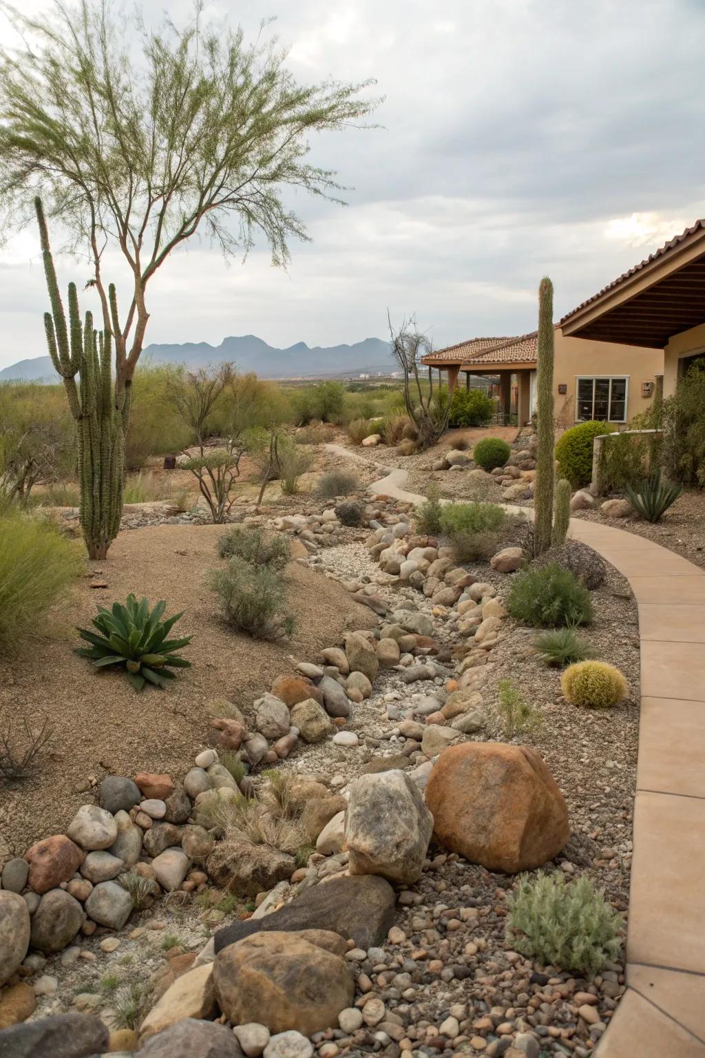 Dry creek beds add beauty and manage drainage.