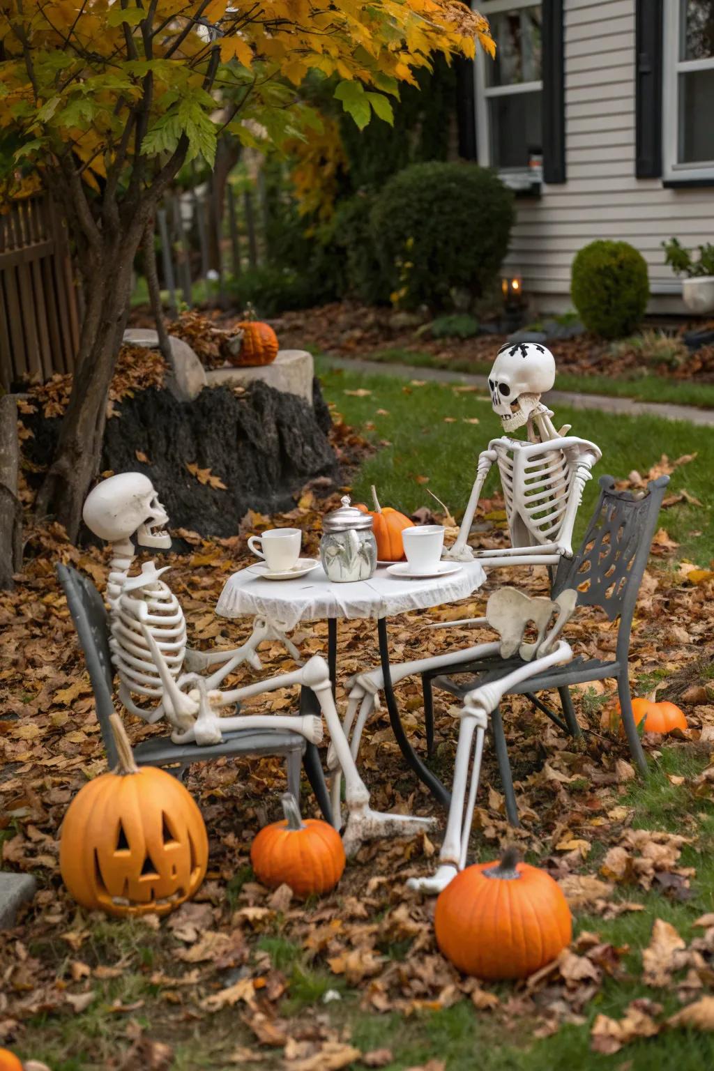 Skeletons enjoying a tea party on the lawn, adding a playful twist to Halloween decor.