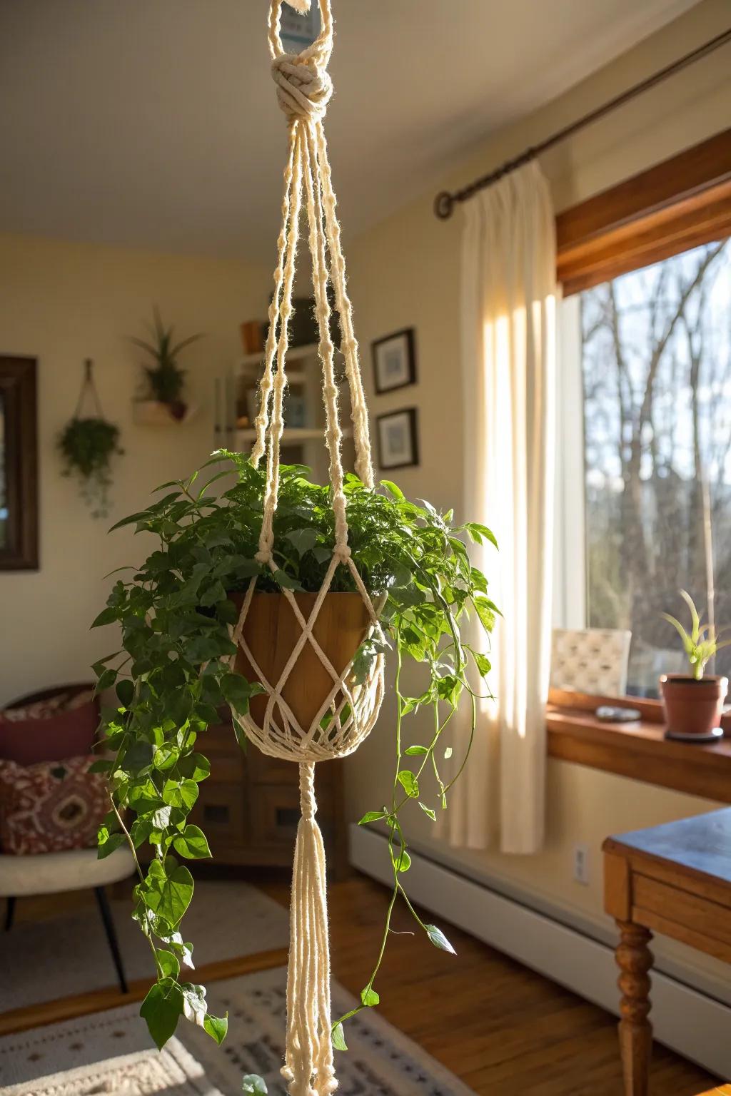 Macramé hangers add a touch of boho-chic style.