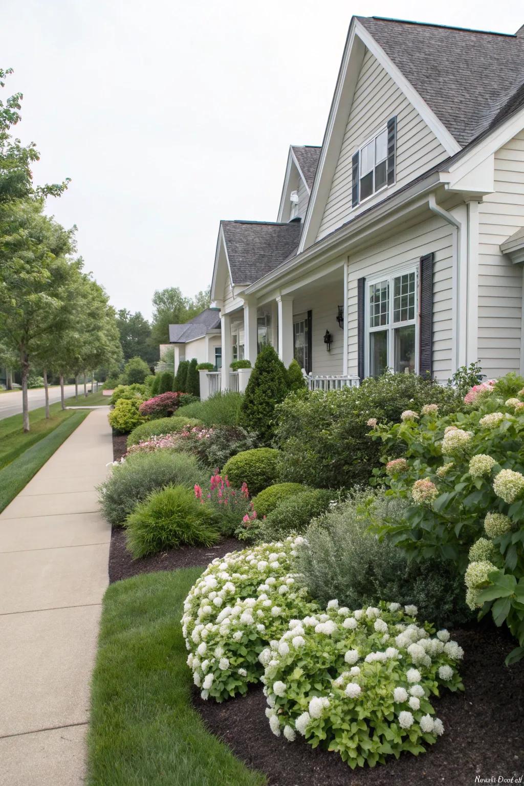 Foundation plantings adding elegance and charm to a home.