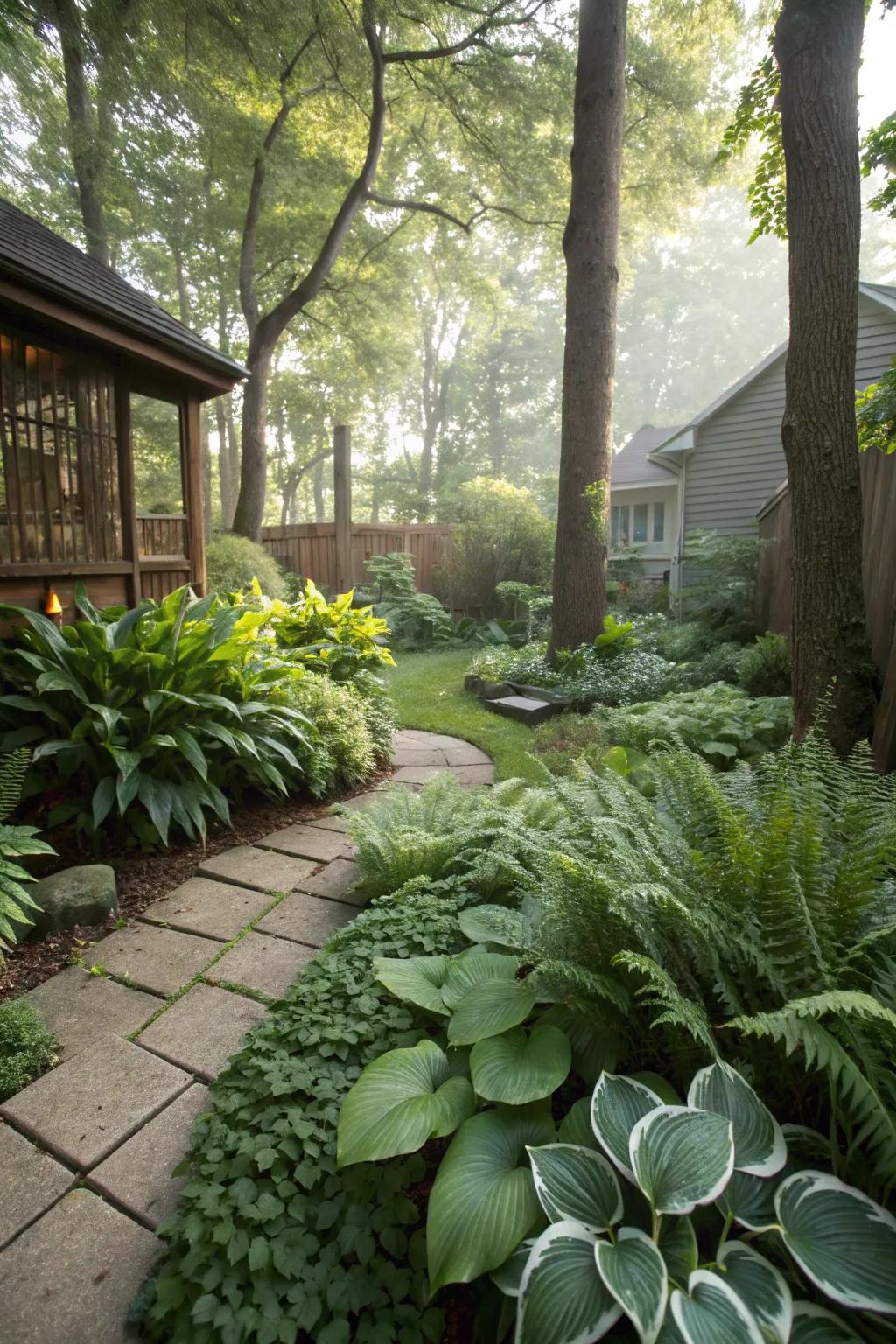 A lush green haven created with shade-loving plants.