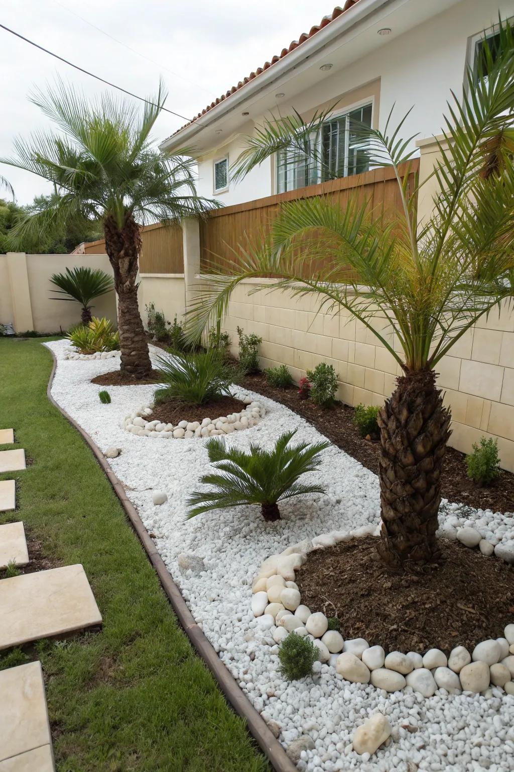 Decorative gravel adds a touch of elegance around small palm trees.