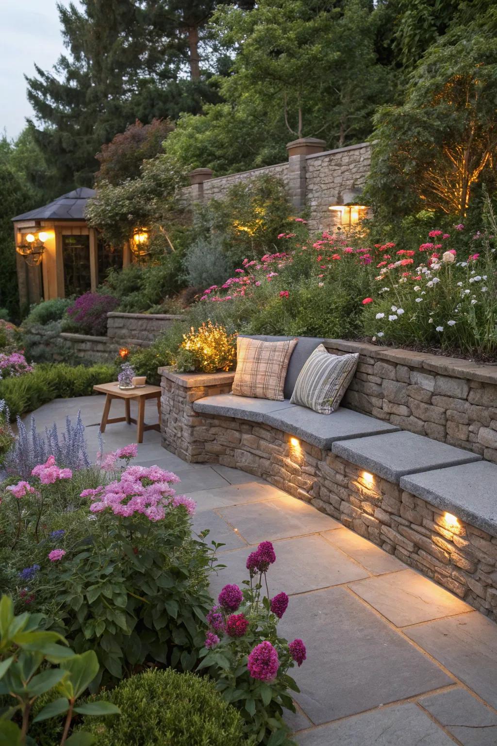 Integrated seating walls provide both function and comfort.