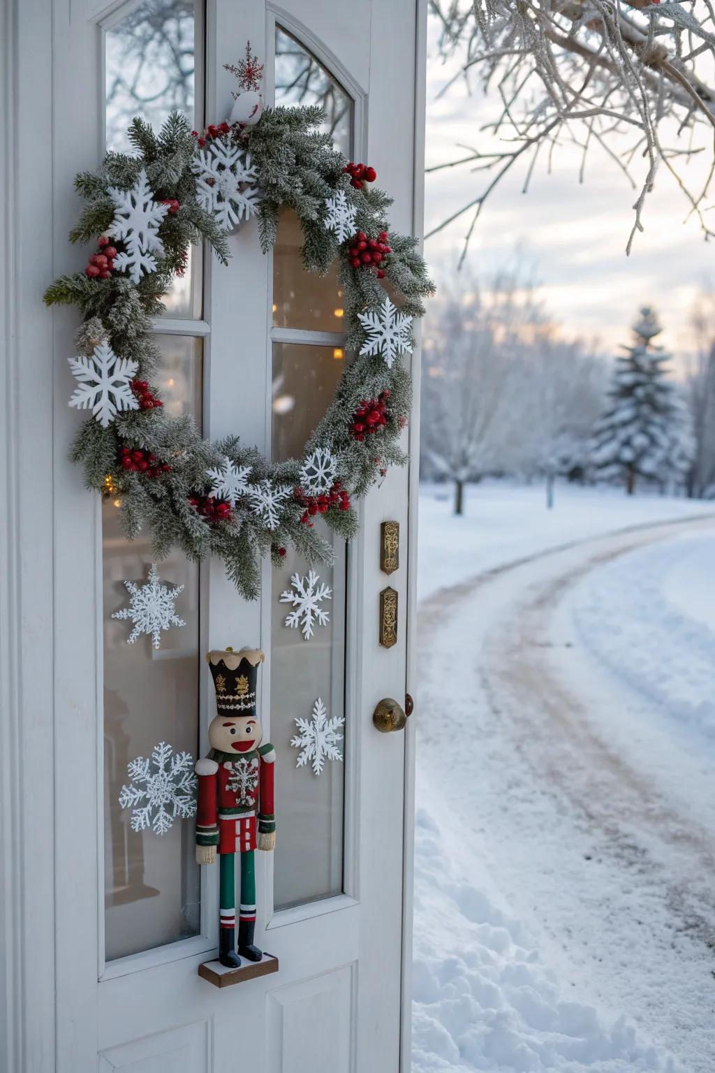 A nutcracker and snowflake wreath with winter magic.