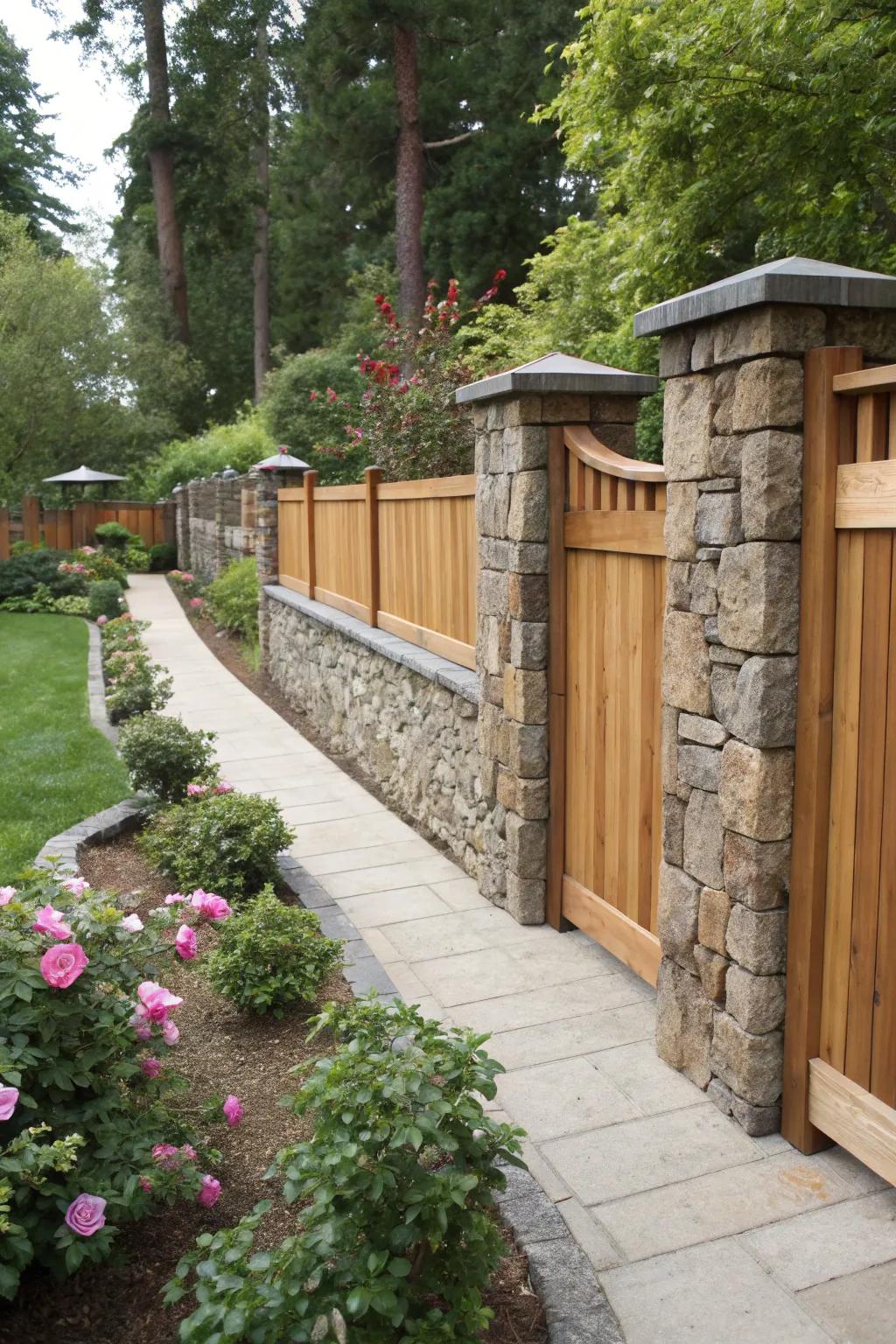 Stone and wood create a classic and harmonious fence design.